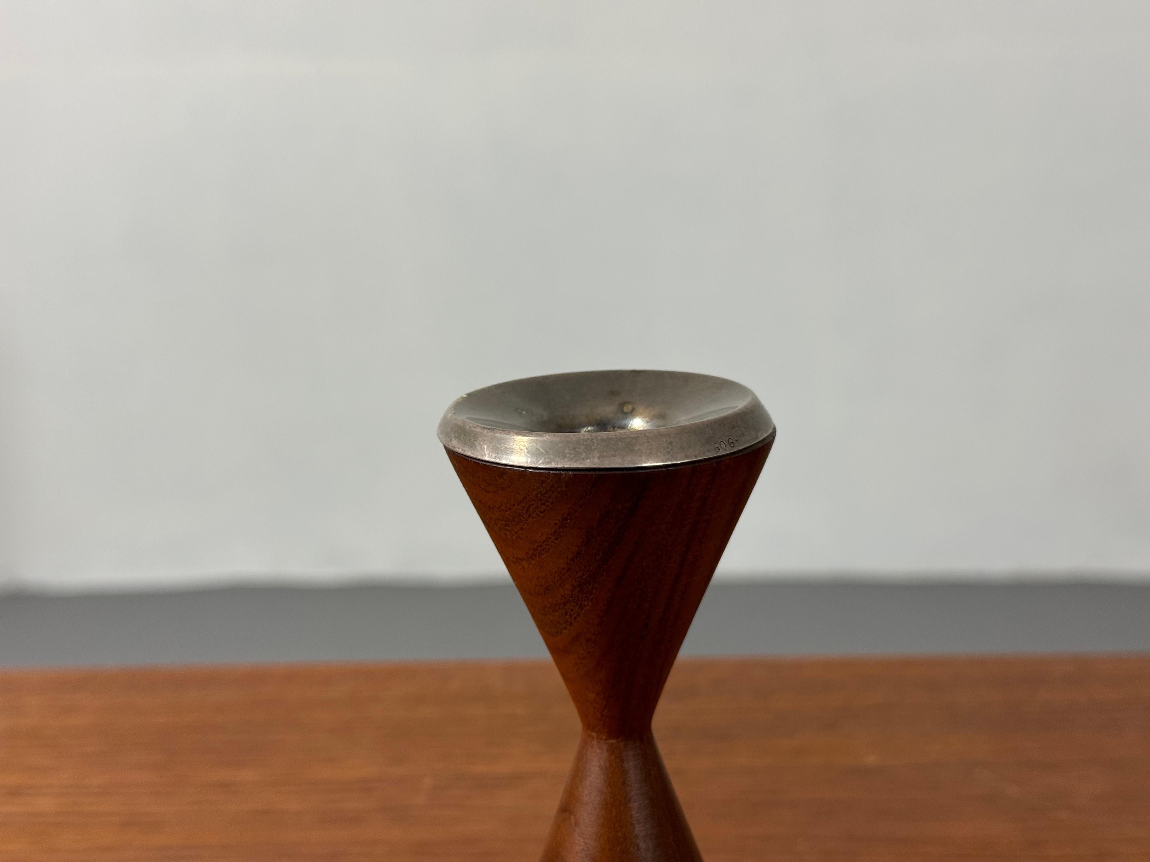 Danish Mid-Century Teak Hourglass Candle Holder with Patinated Metal Top For Sale
