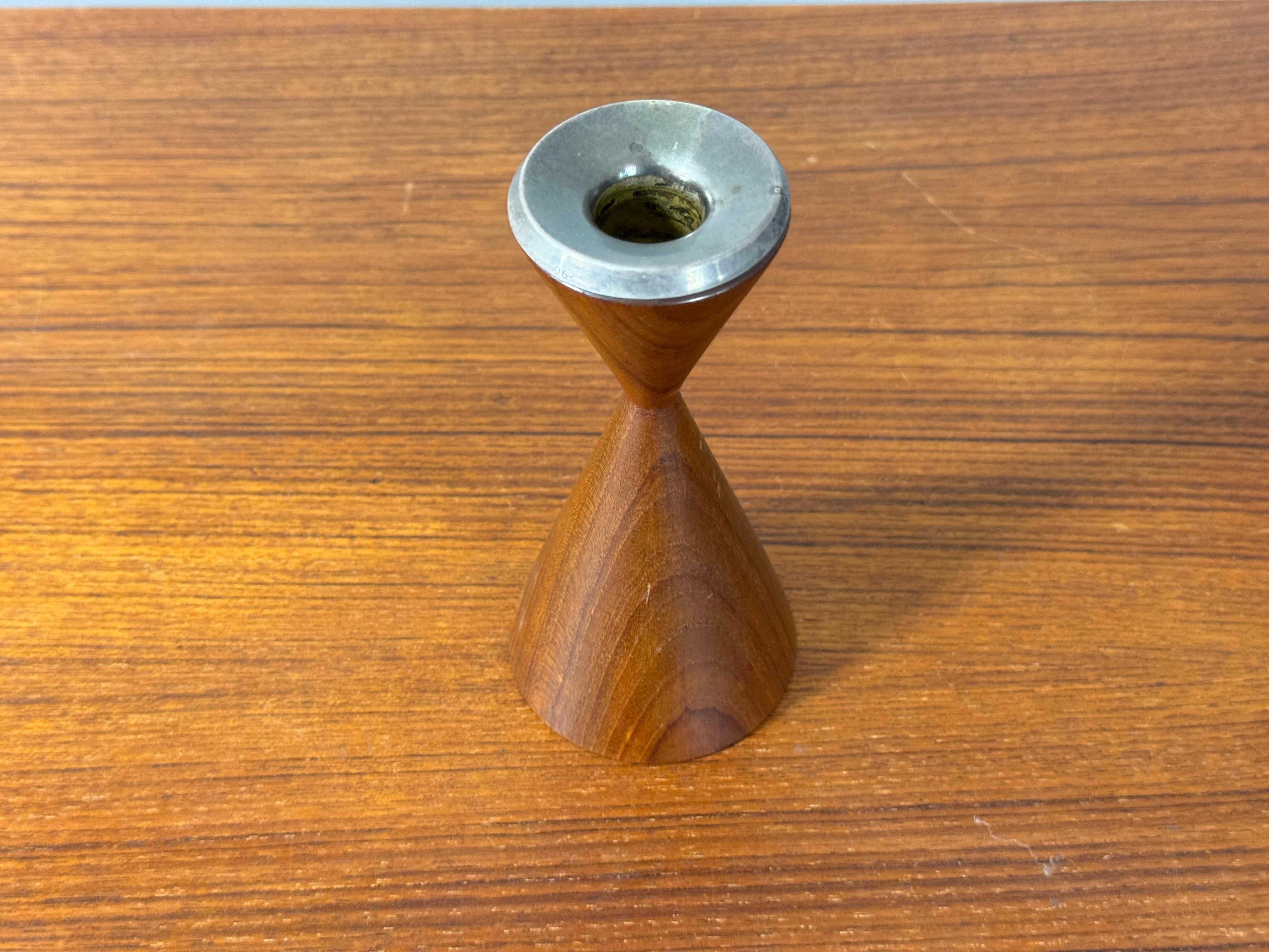 20th Century Mid-Century Teak Hourglass Candle Holder with Patinated Metal Top For Sale