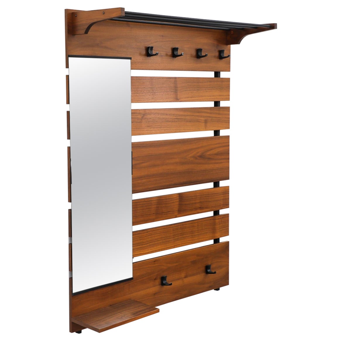 Appendiabiti da parete di grandi dimensioni in teak del metà del secolo scorso con specchio, ripiano, appendiabiti e ganci in vendita