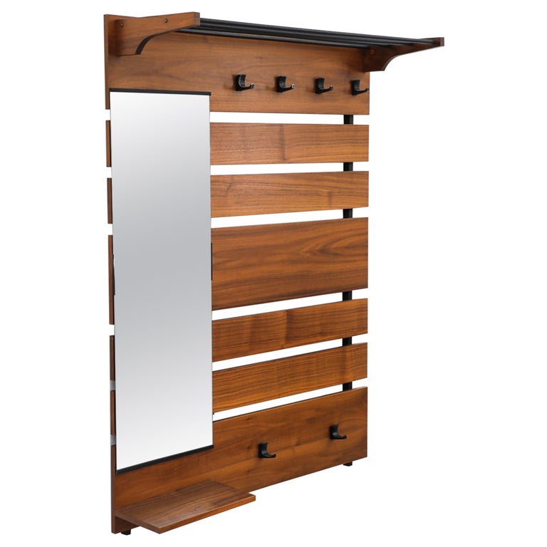 Wall Mounted Coat Mirror Coat Rack Shelf Mid-Century Teak Large
