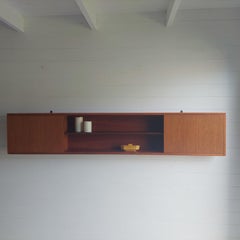 Mid Century Teak Long Wall floating cabinet shelving unit Robert HeritageStyle