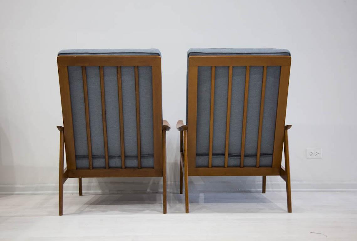 Pair of Midcentury Teak Lounge Chairs in Blue Knoll Fabric 8