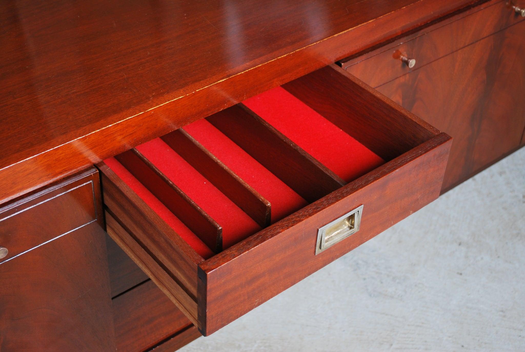 Mid Century Teak and Mahogany Long Sideboard Brass Handles by Greaves
