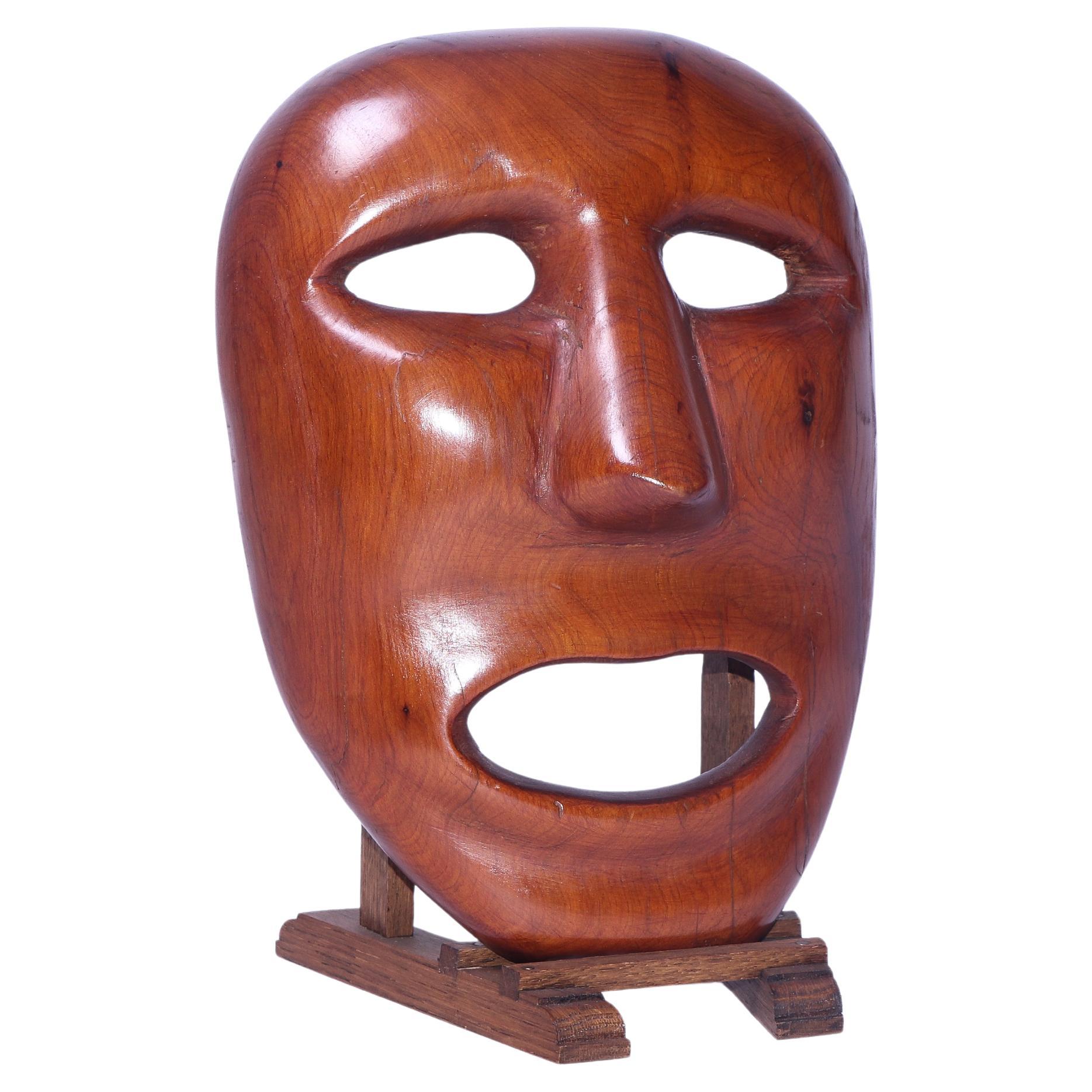 Maschera in teak di metà secolo con supporto