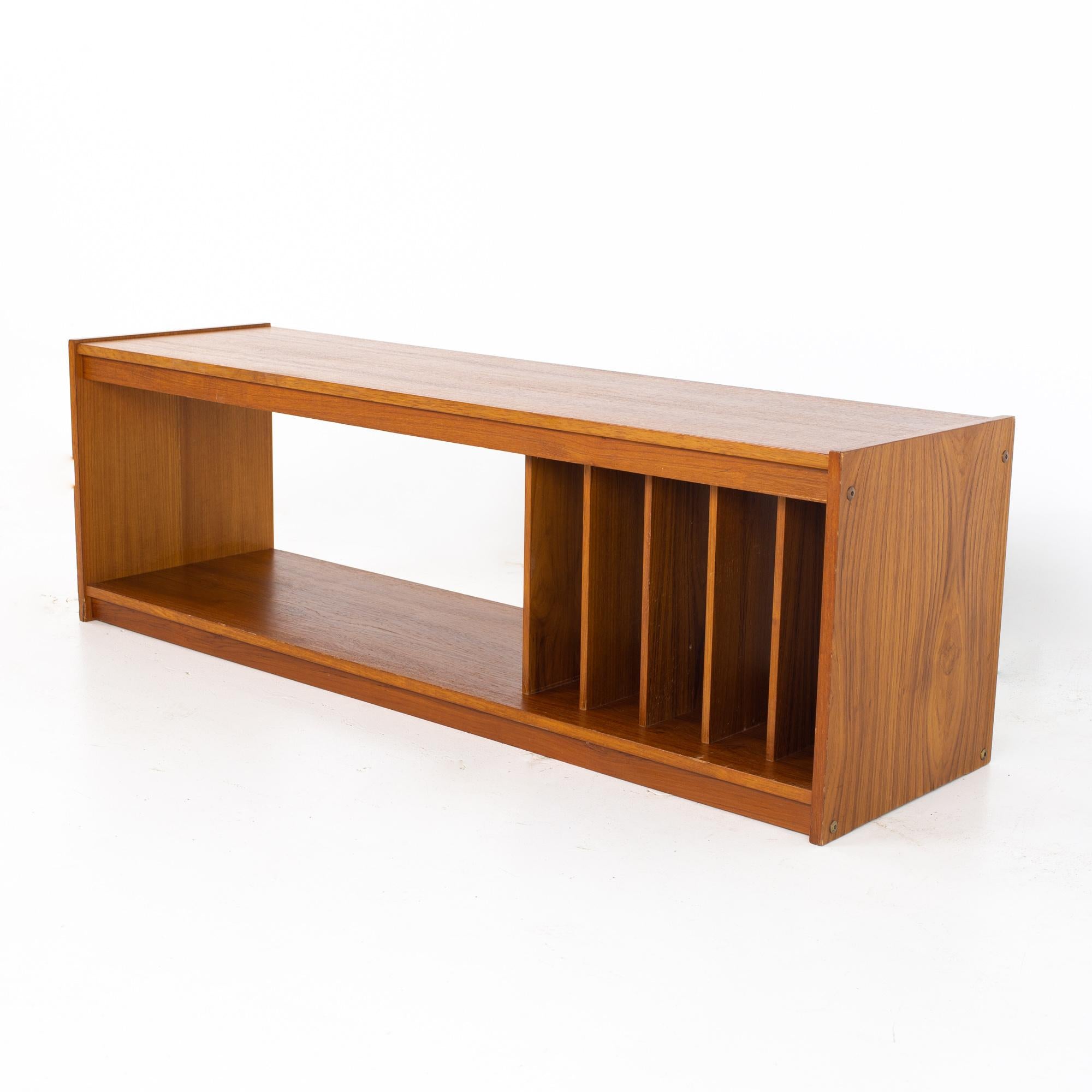Mid century teak media record console
Console measures: 55 wide x 15.5 deep x 18 inches high

All pieces of furniture can be had in what we call restored vintage condition. That means the piece is restored upon purchase so it’s free of