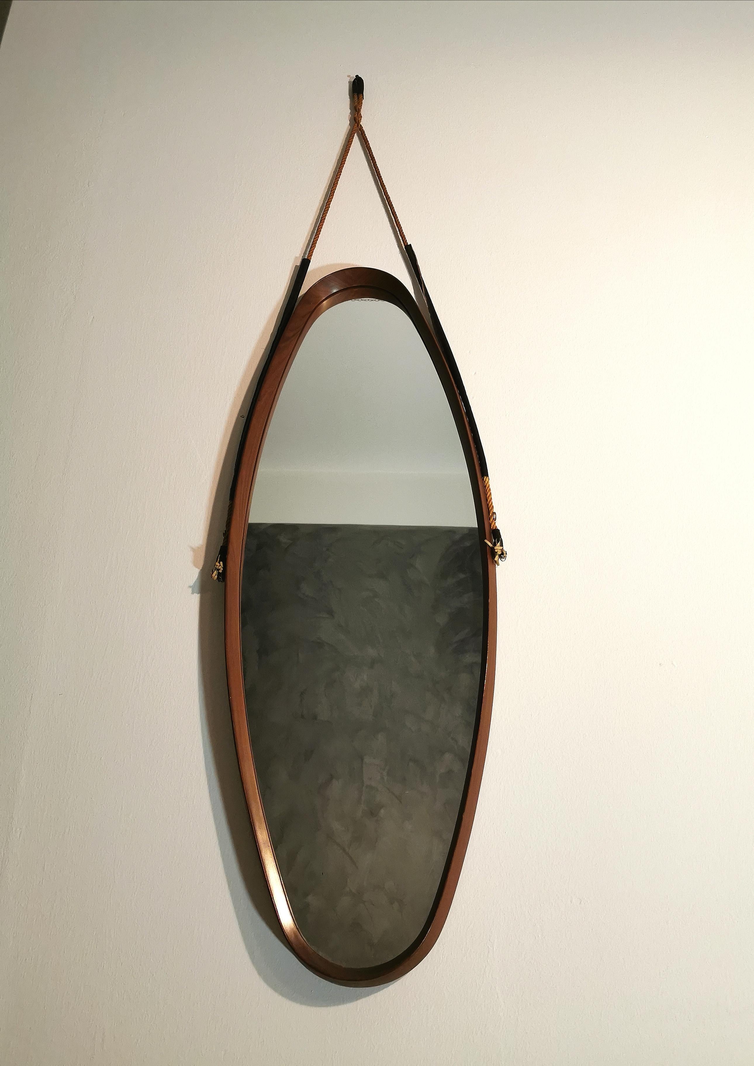 Mid-Century Modern Midcentury Teak Mirror Oval Shape Rope Italian Design, 1960s