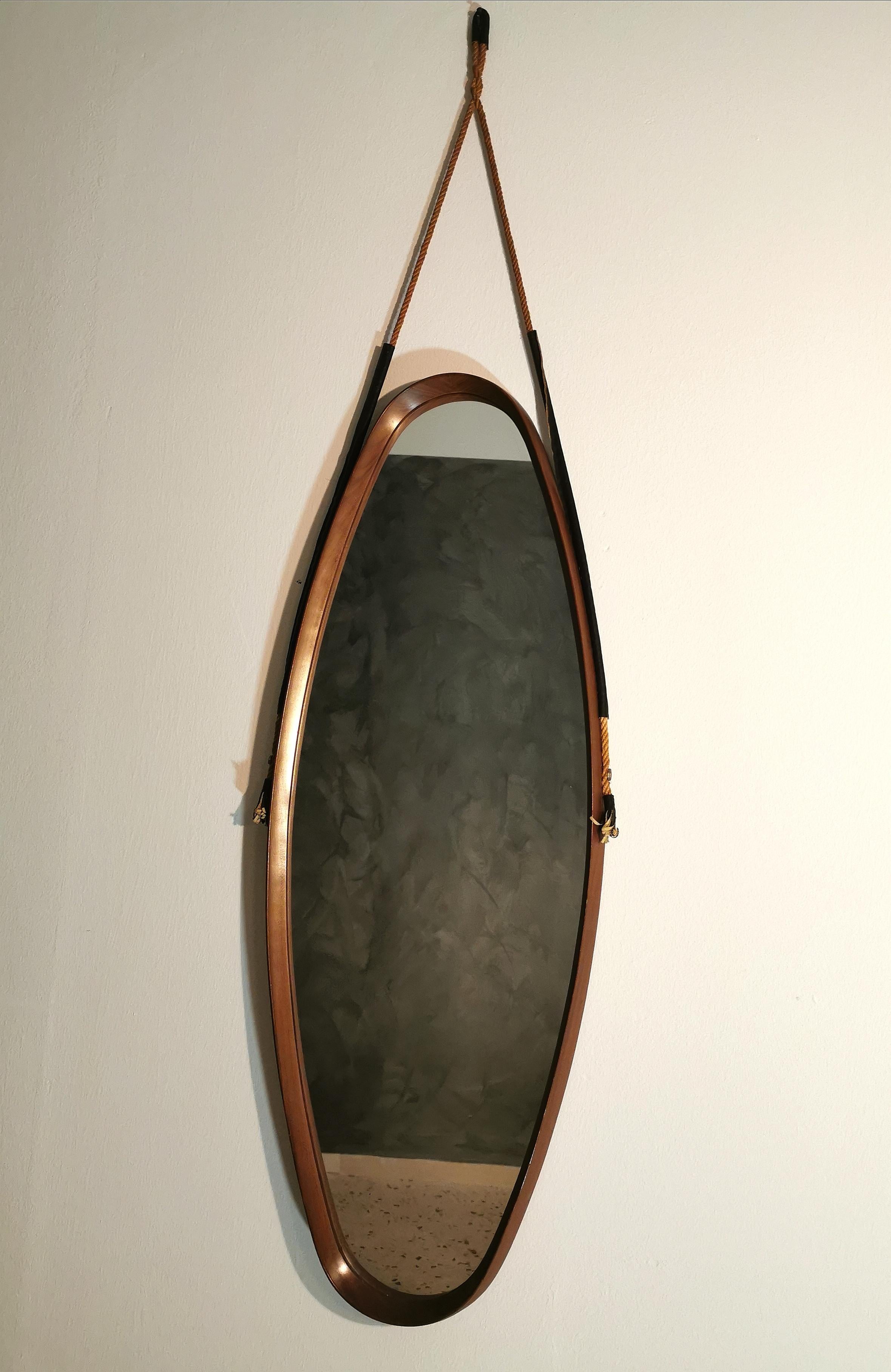 Midcentury Teak Mirror Oval Shape Rope Italian Design, 1960s 3