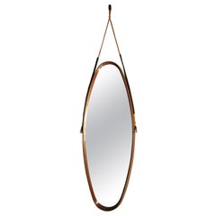 Midcentury Teak Mirror Oval Shape Rope Italian Design, 1960s