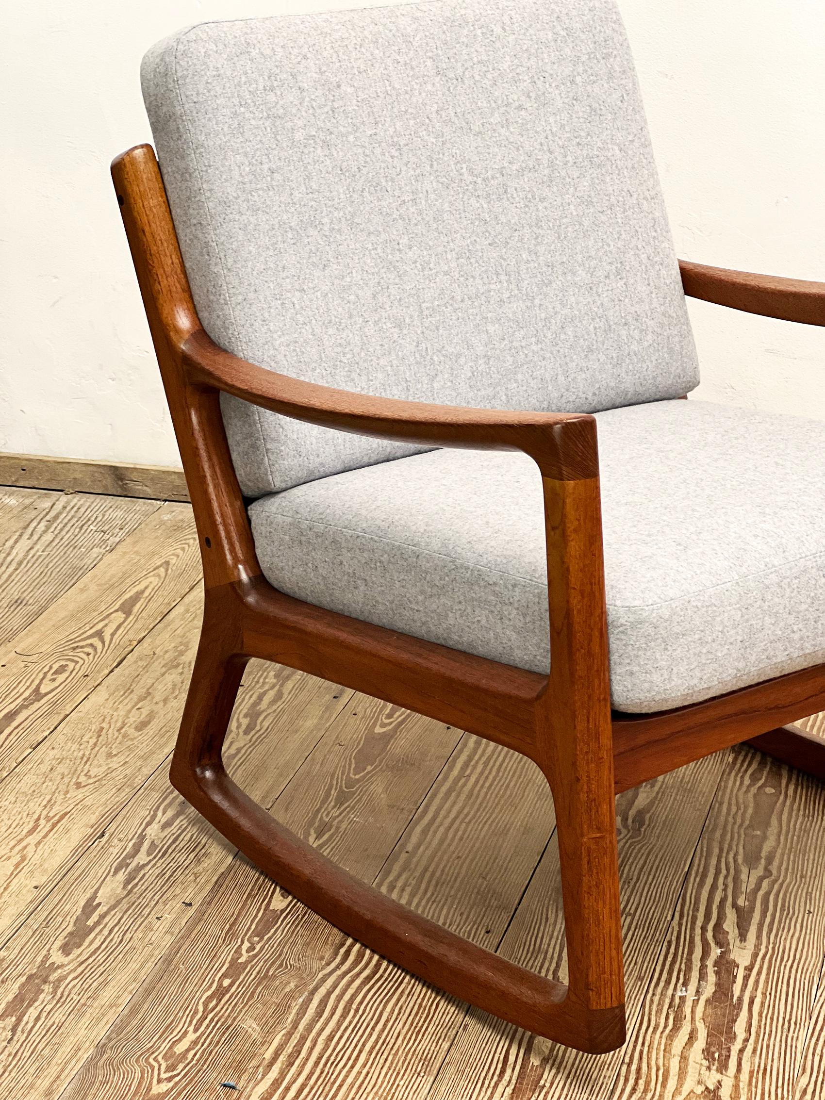 Fabric Mid-Century Teak Rocking Armchair by Ole Wanscher for France & Søn, 1950s For Sale