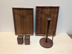 Mid Century Teak Salt Pepper, Tray, Towel Set