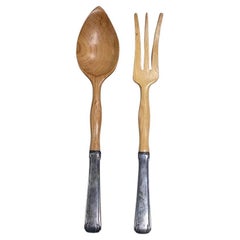 Mid Century Teak Serving Fork and Spoon with Etruscan Sterling Handle