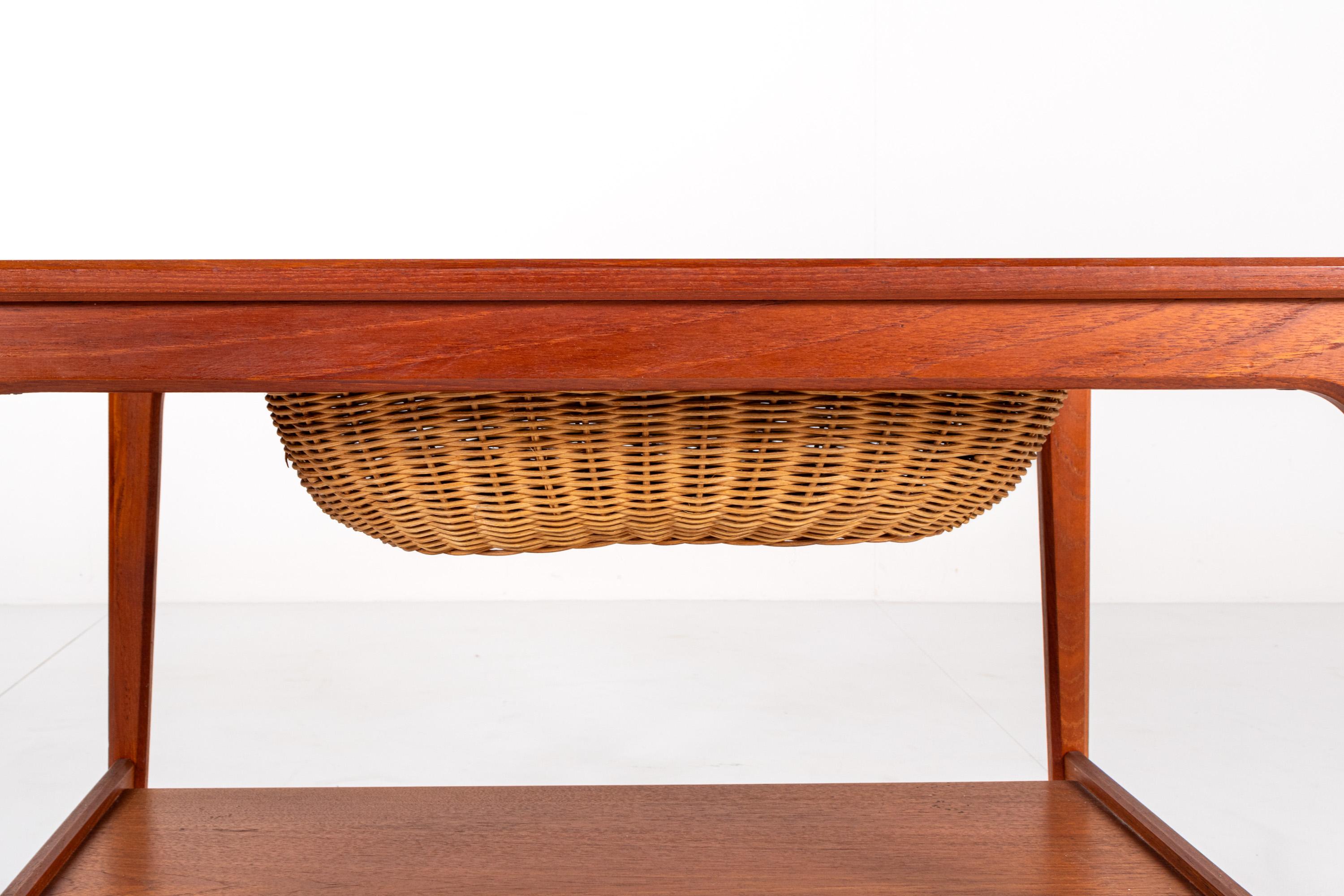 European Mid-century Teak Sewing Table or Bar Cart with Slide Out Basket For Sale