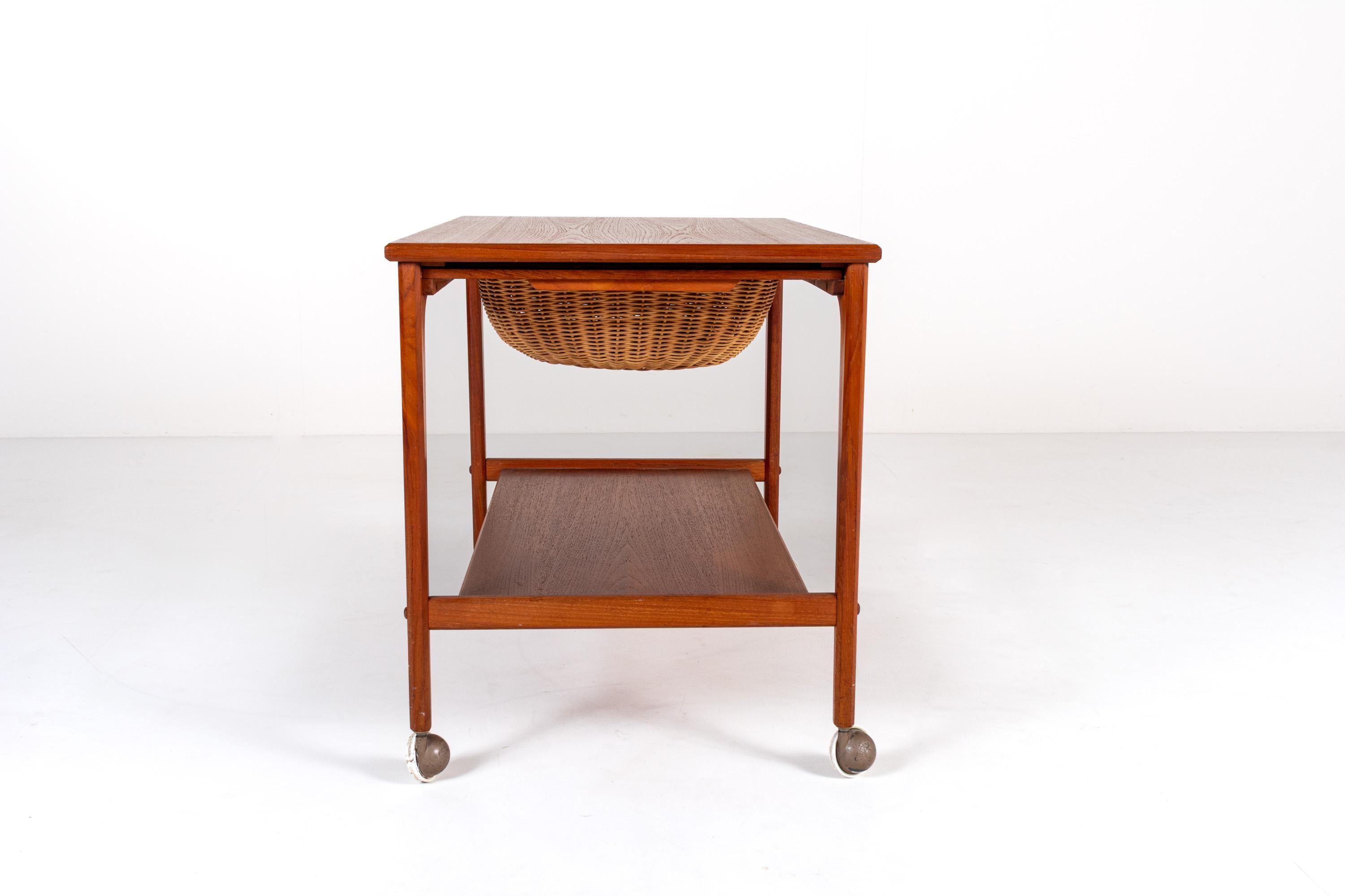 Rattan Mid-century Teak Sewing Table or Bar Cart with Slide Out Basket For Sale