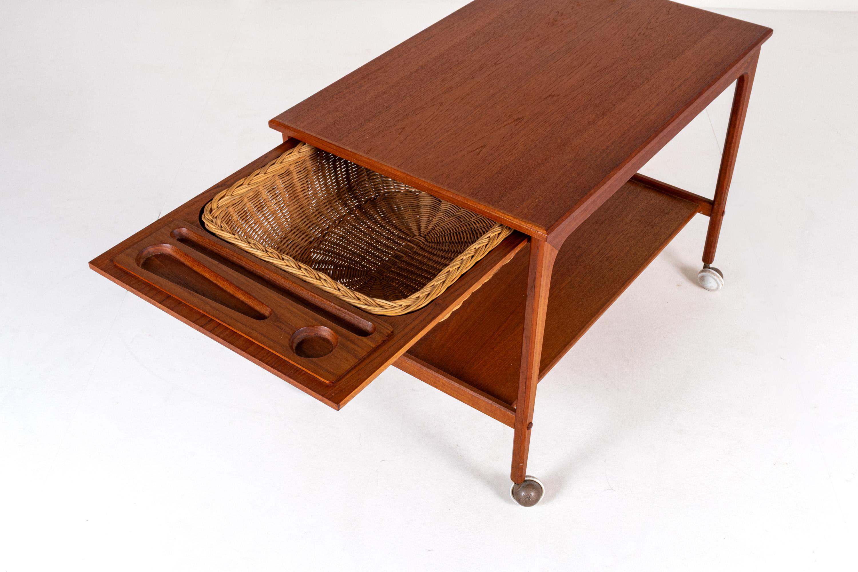 Mid-century Teak Sewing Table or Bar Cart with Slide Out Basket For Sale 1