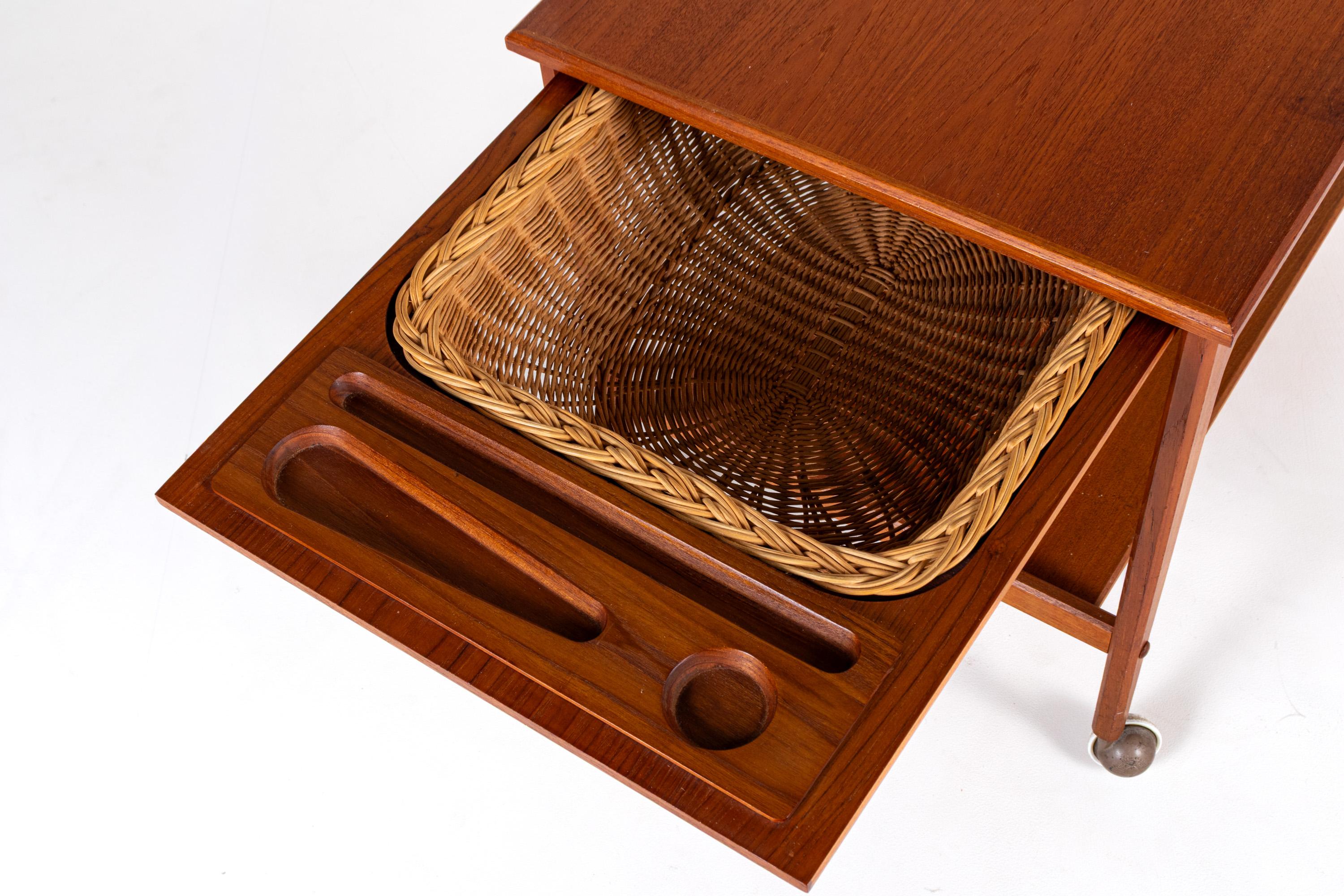 Mid-century Teak Sewing Table or Bar Cart with Slide Out Basket For Sale 2