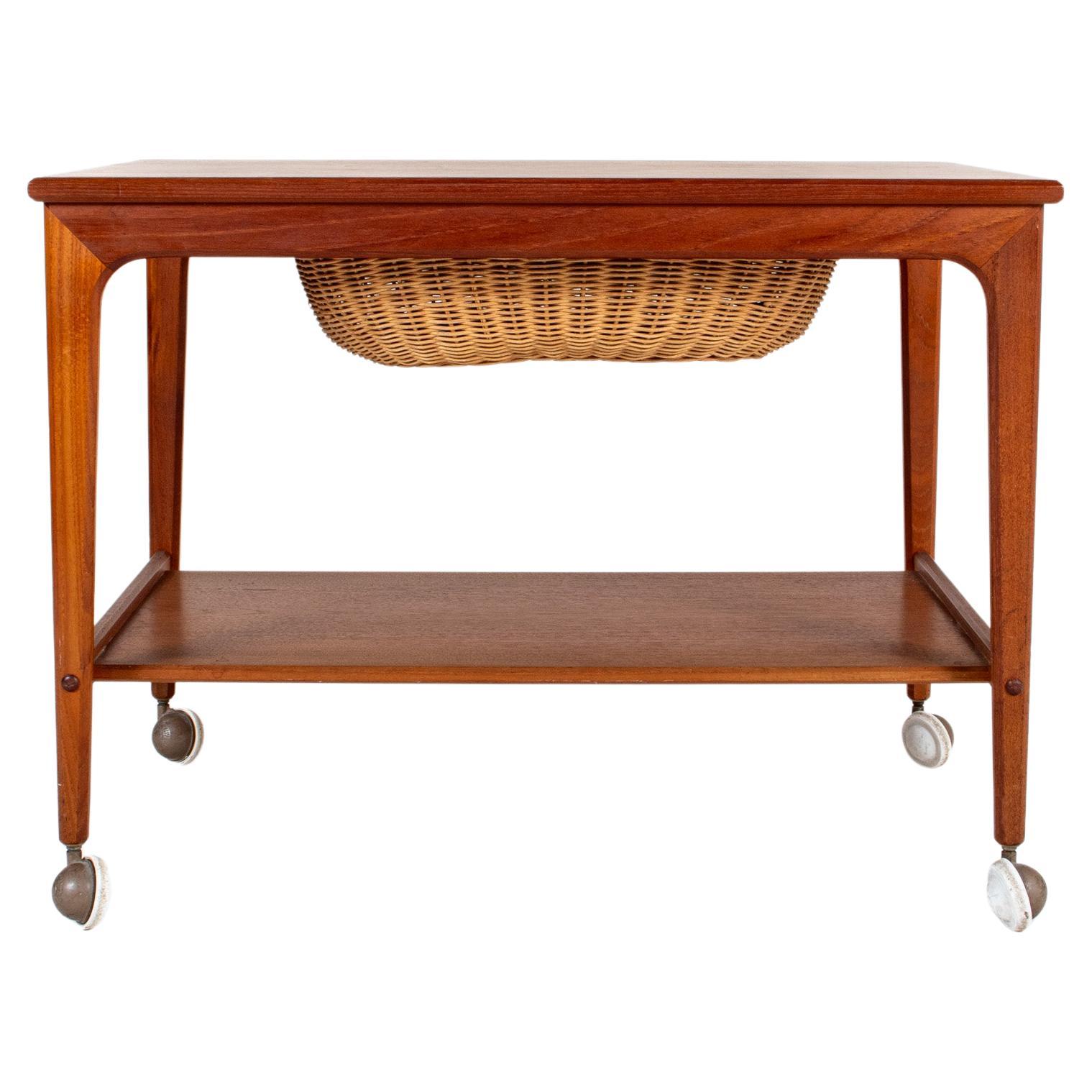 Mid-century Teak Sewing Table or Bar Cart with Slide Out Basket For Sale