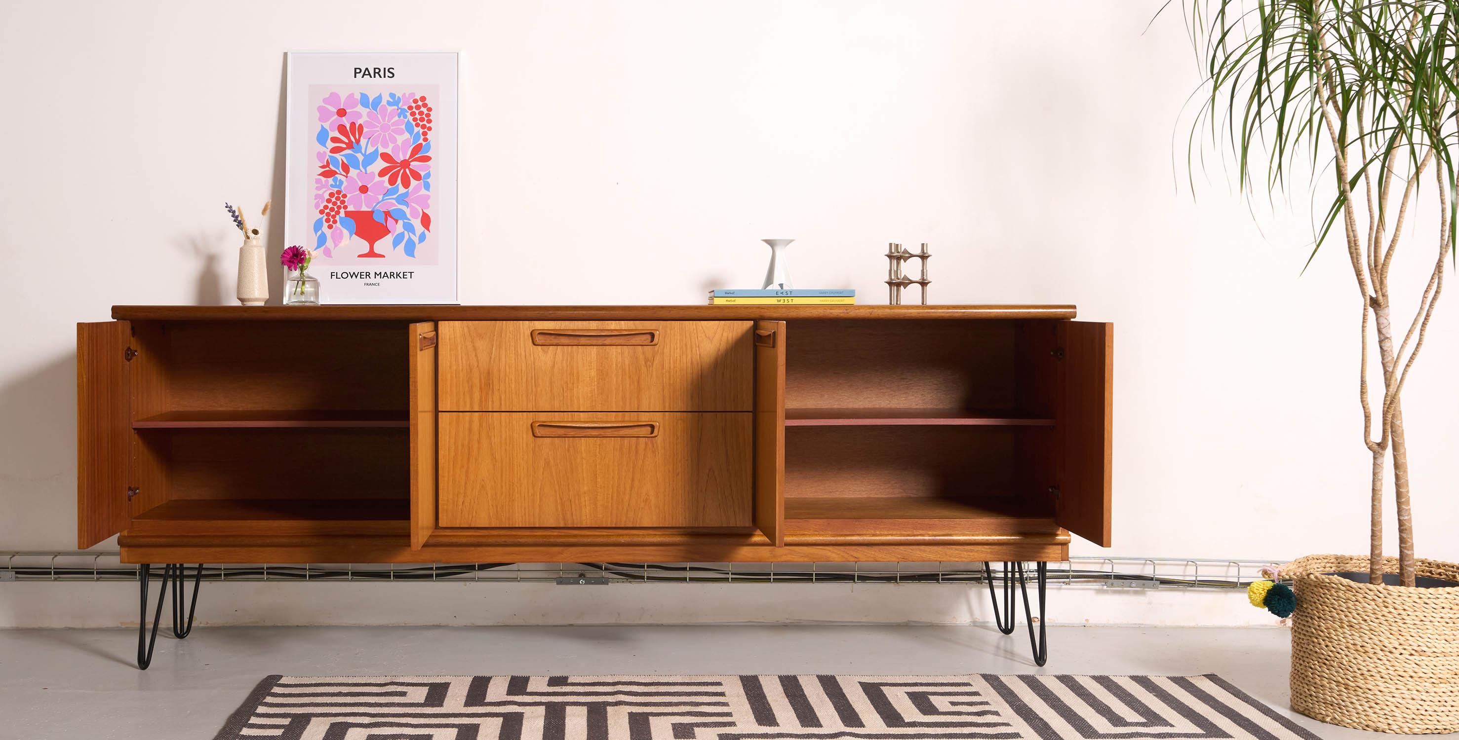 Scandinavian Modern Mid century teak sideboard, metal hairping legs, 200cm
