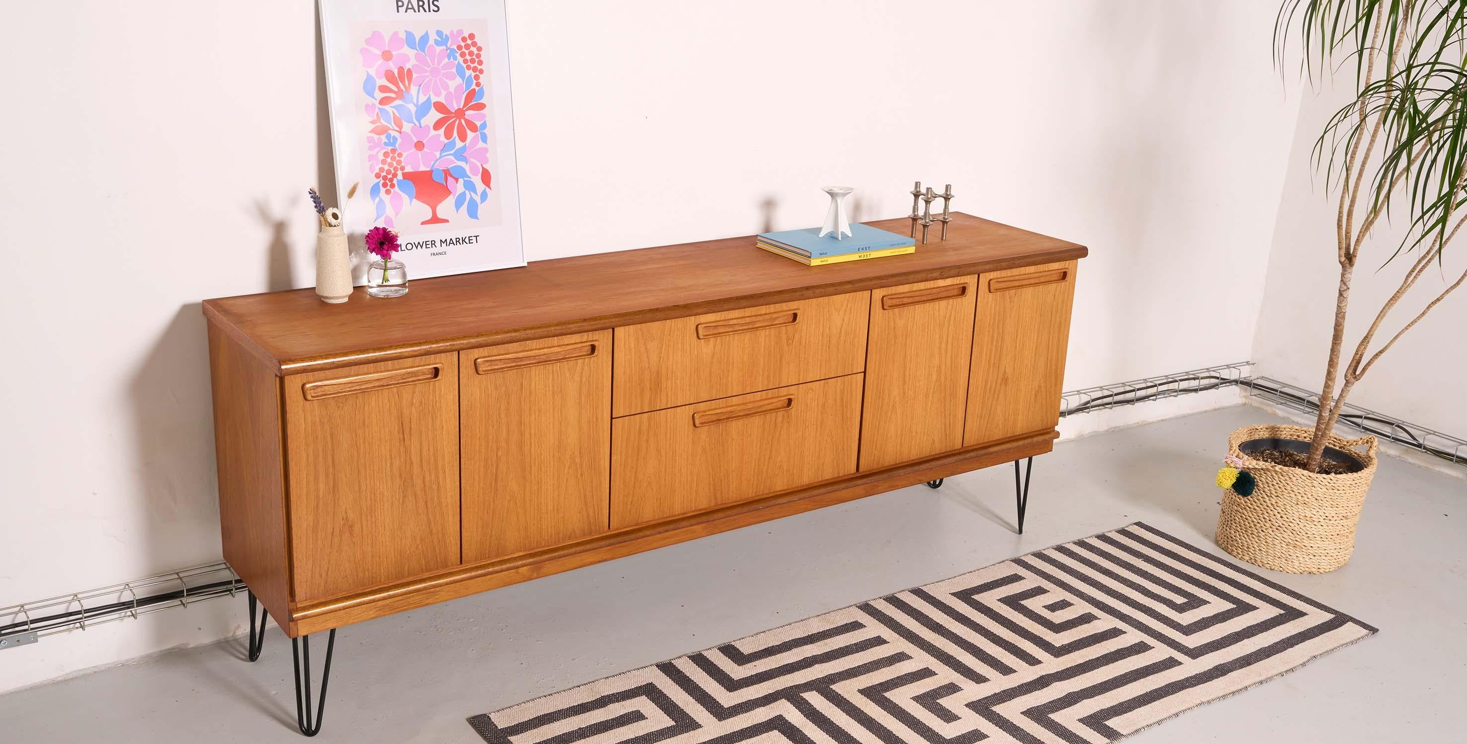 English Mid century teak sideboard, metal hairping legs, 200cm