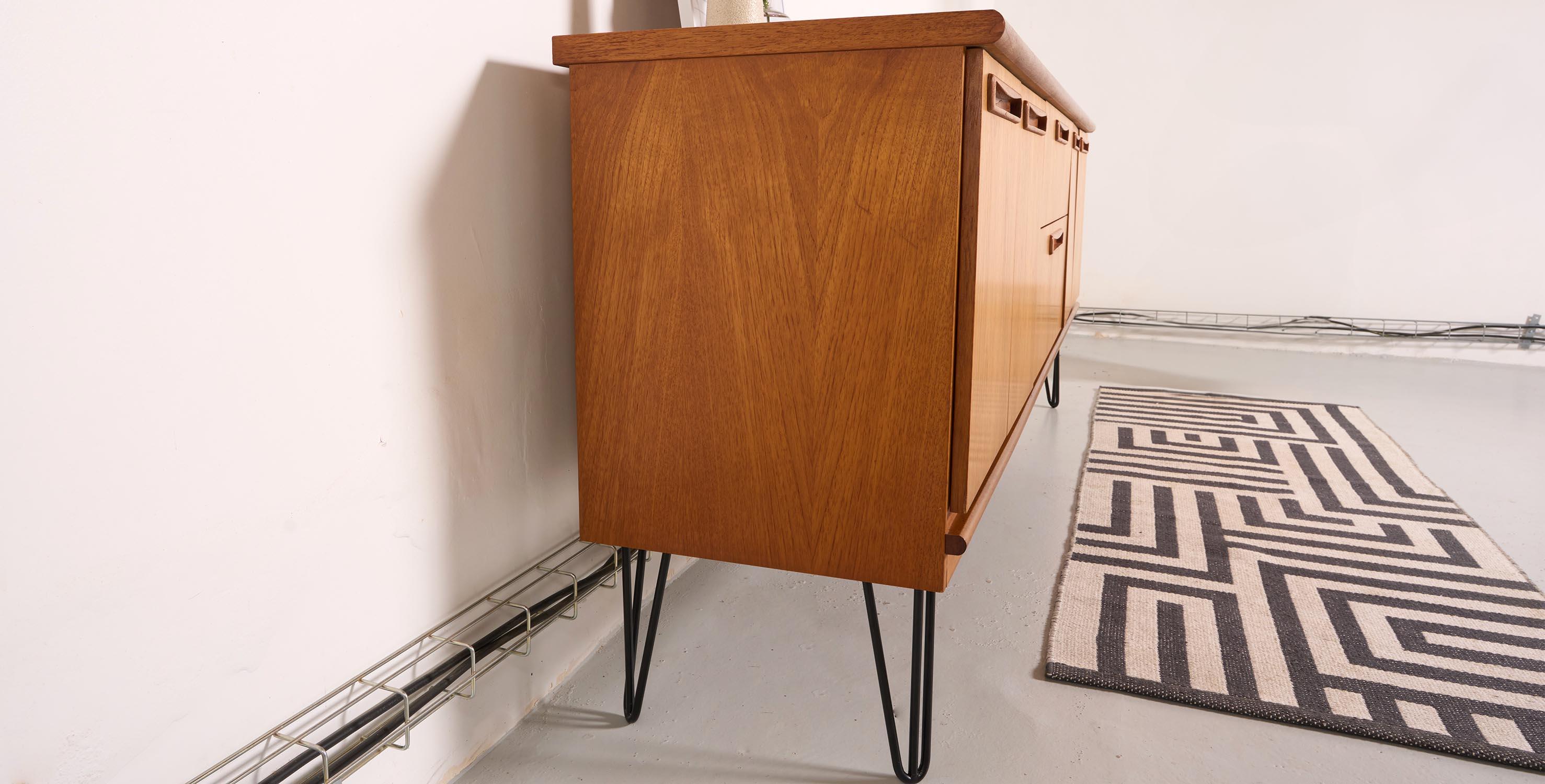 20th Century Mid century teak sideboard, metal hairping legs, 200cm