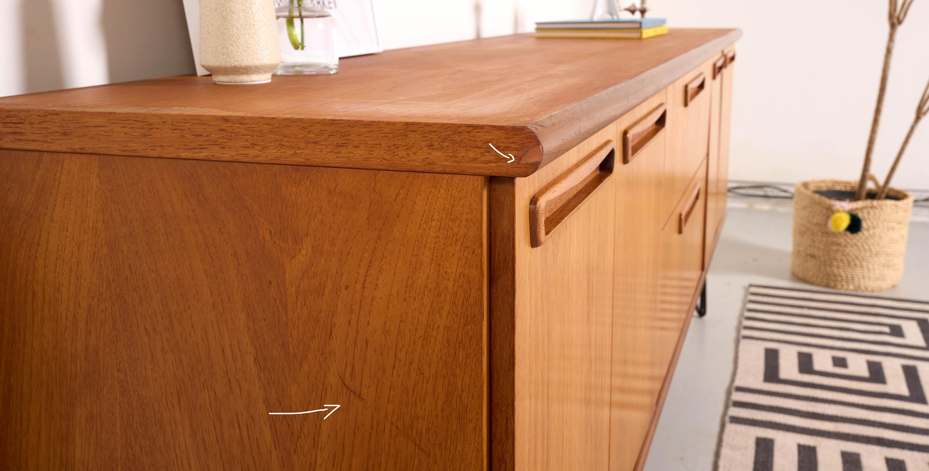 Metal Mid century teak sideboard, metal hairping legs, 200cm