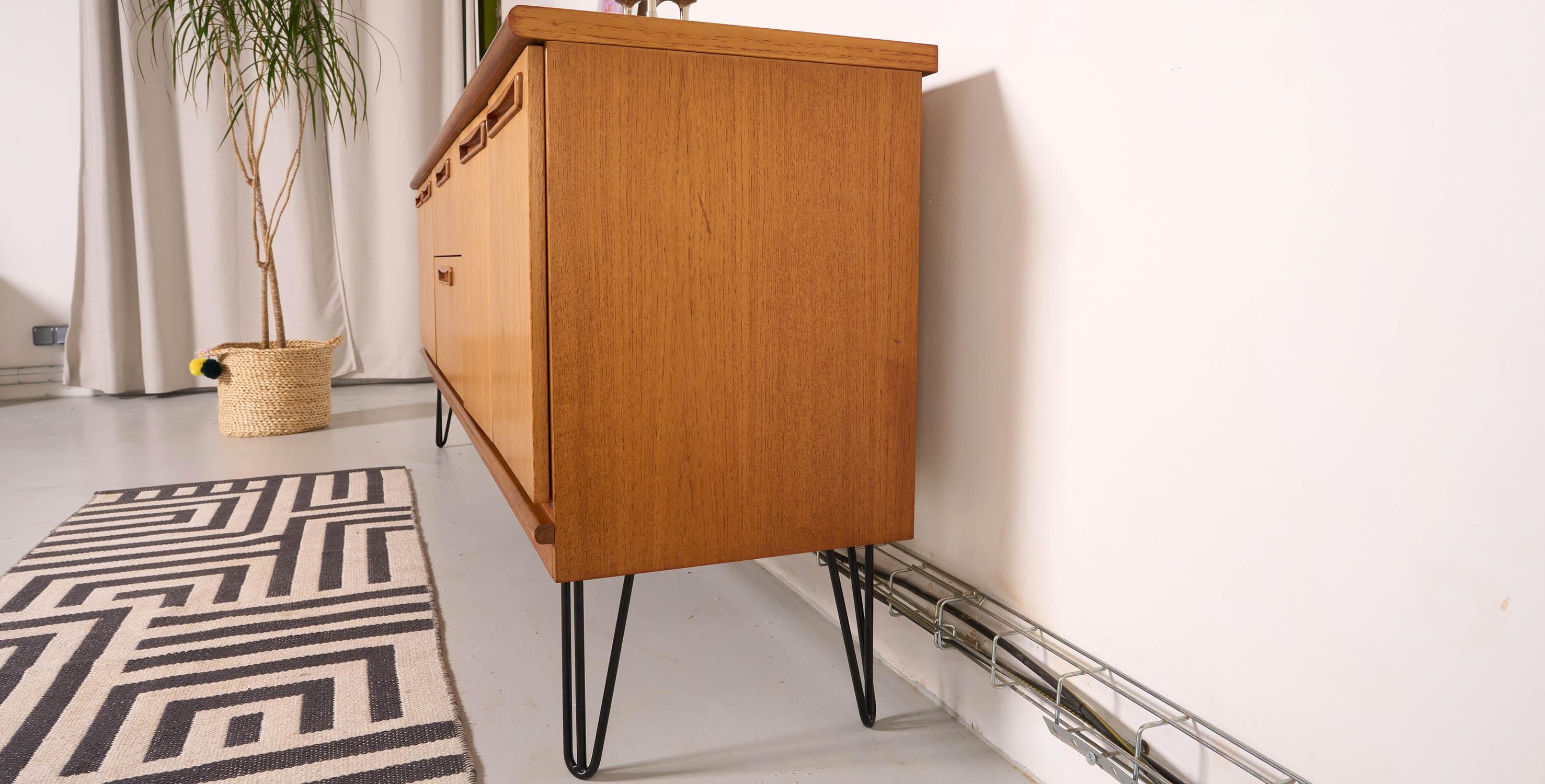 Mid century teak sideboard, metal hairping legs, 200cm 1