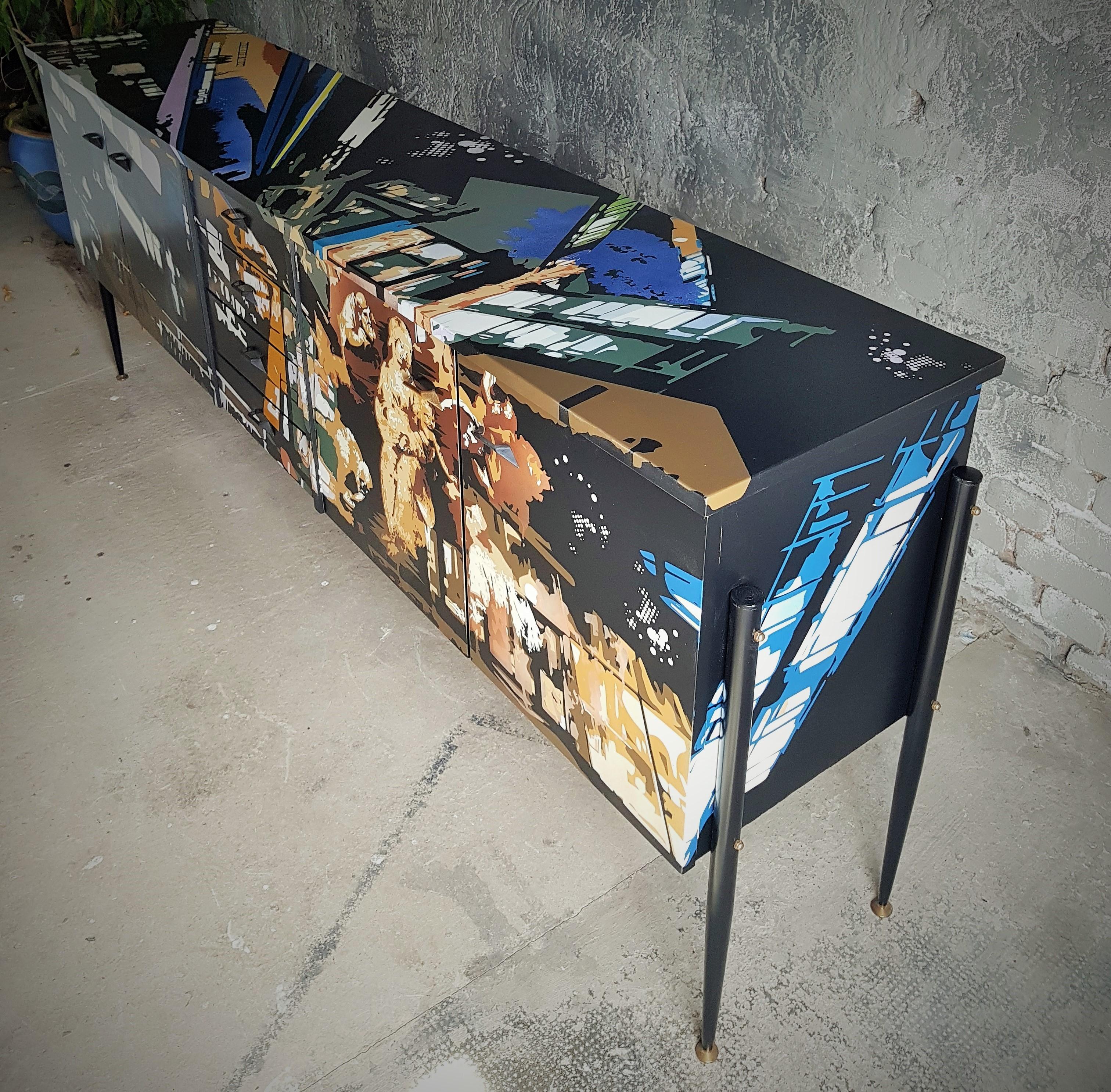 Mid Century Teak Sideboard with Street Art Painting, Italy, 1960s For Sale 3