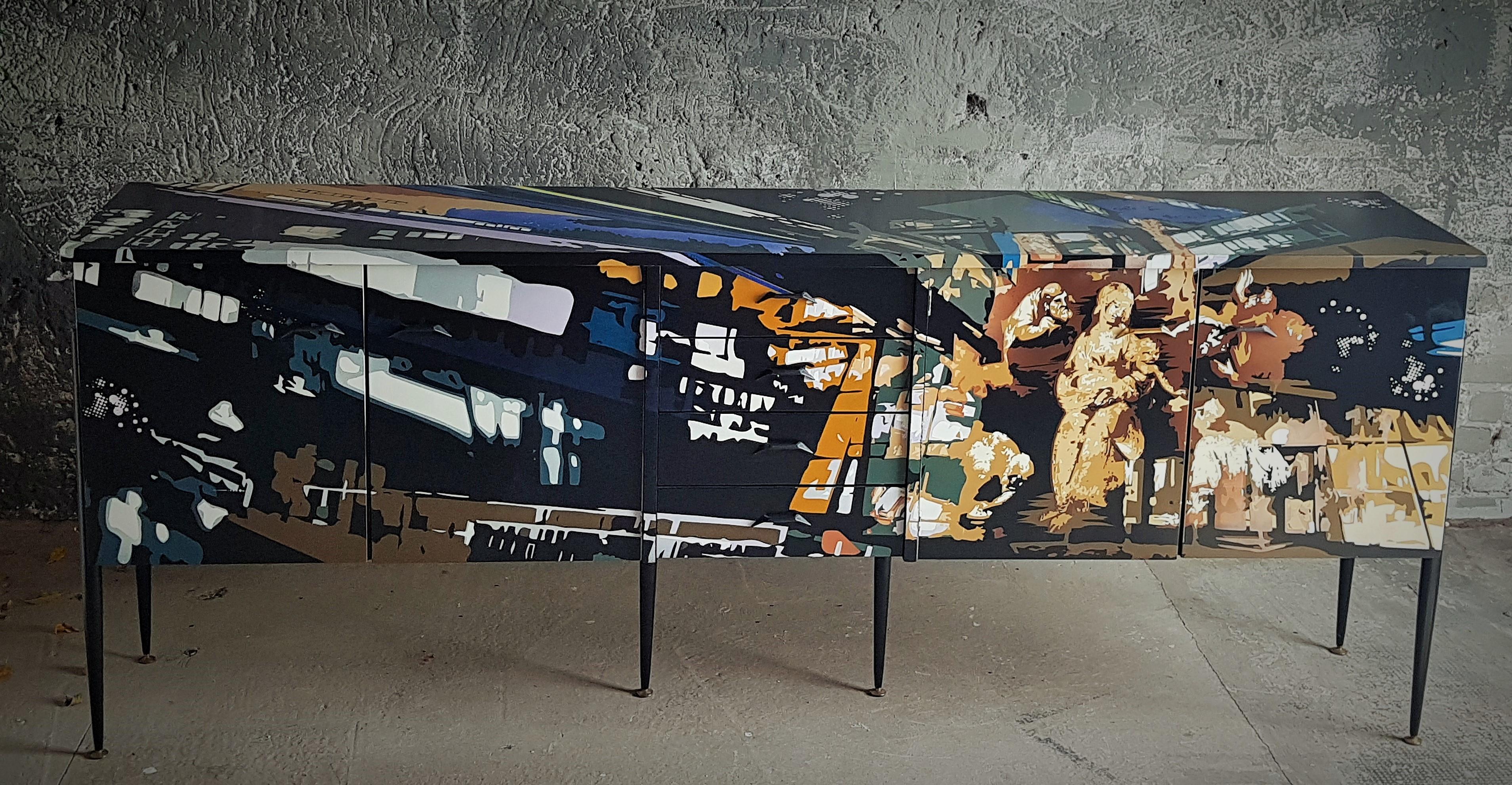 Mid Century Teak Sideboard with Street Art Painting, Italy, 1960s For Sale 9