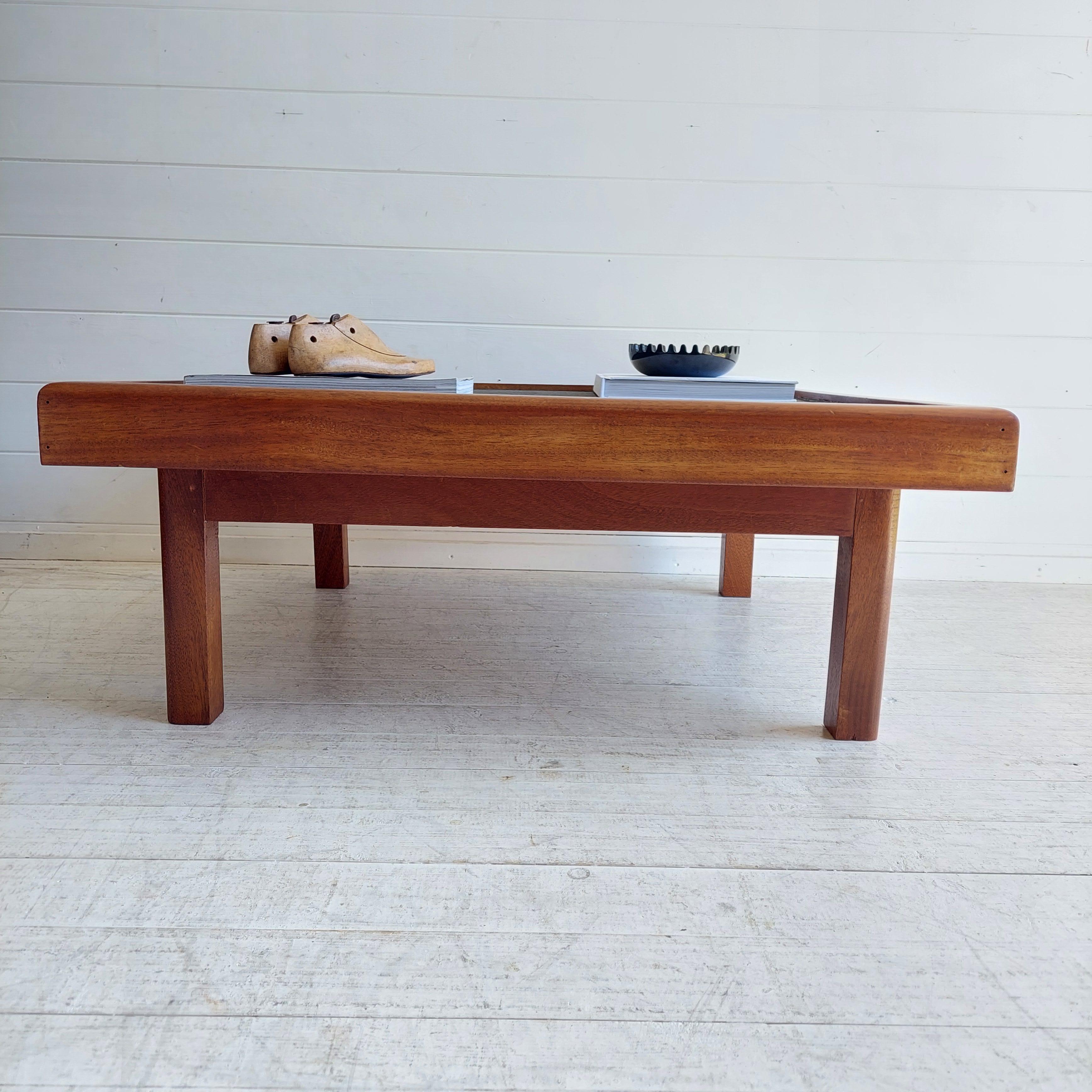 Mid-Century Modern Mid Century teak & Slate Low Coffee end Table, Pierre Chapo Maison Regain style
