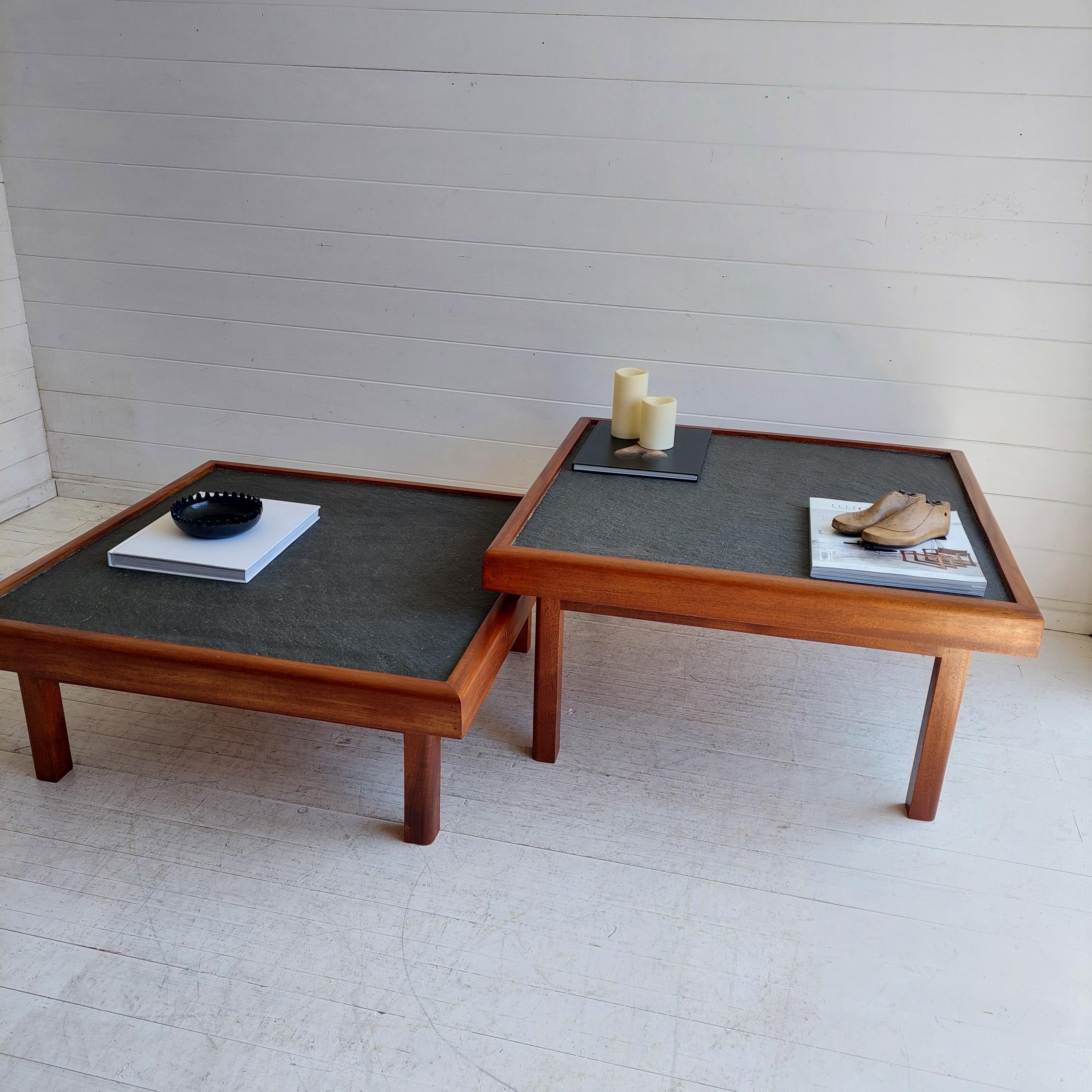 European Mid Century teak & Slate Low Coffee end Table, Pierre Chapo Maison Regain style
