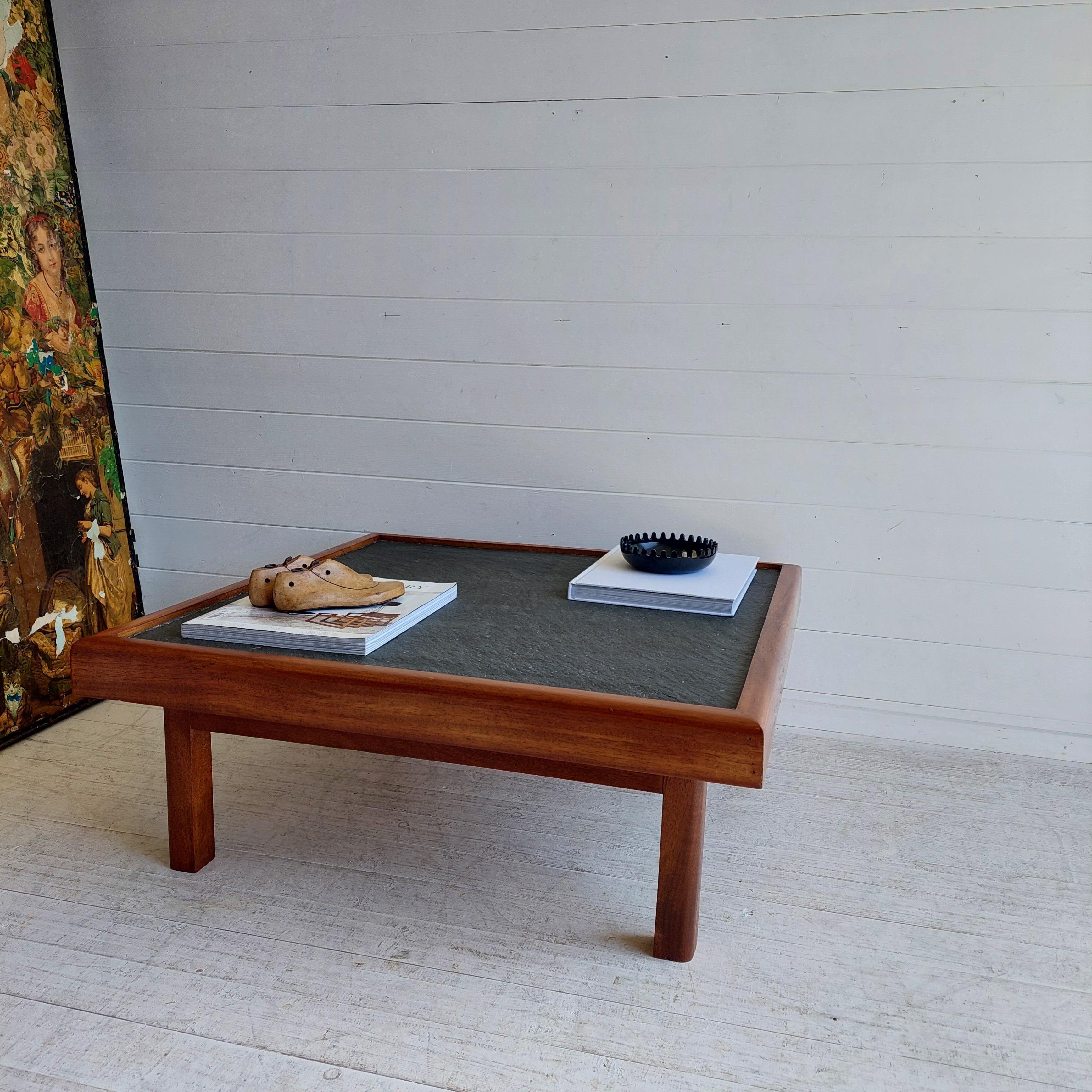 20th Century Mid Century teak & Slate Low Coffee end Table, Pierre Chapo Maison Regain style