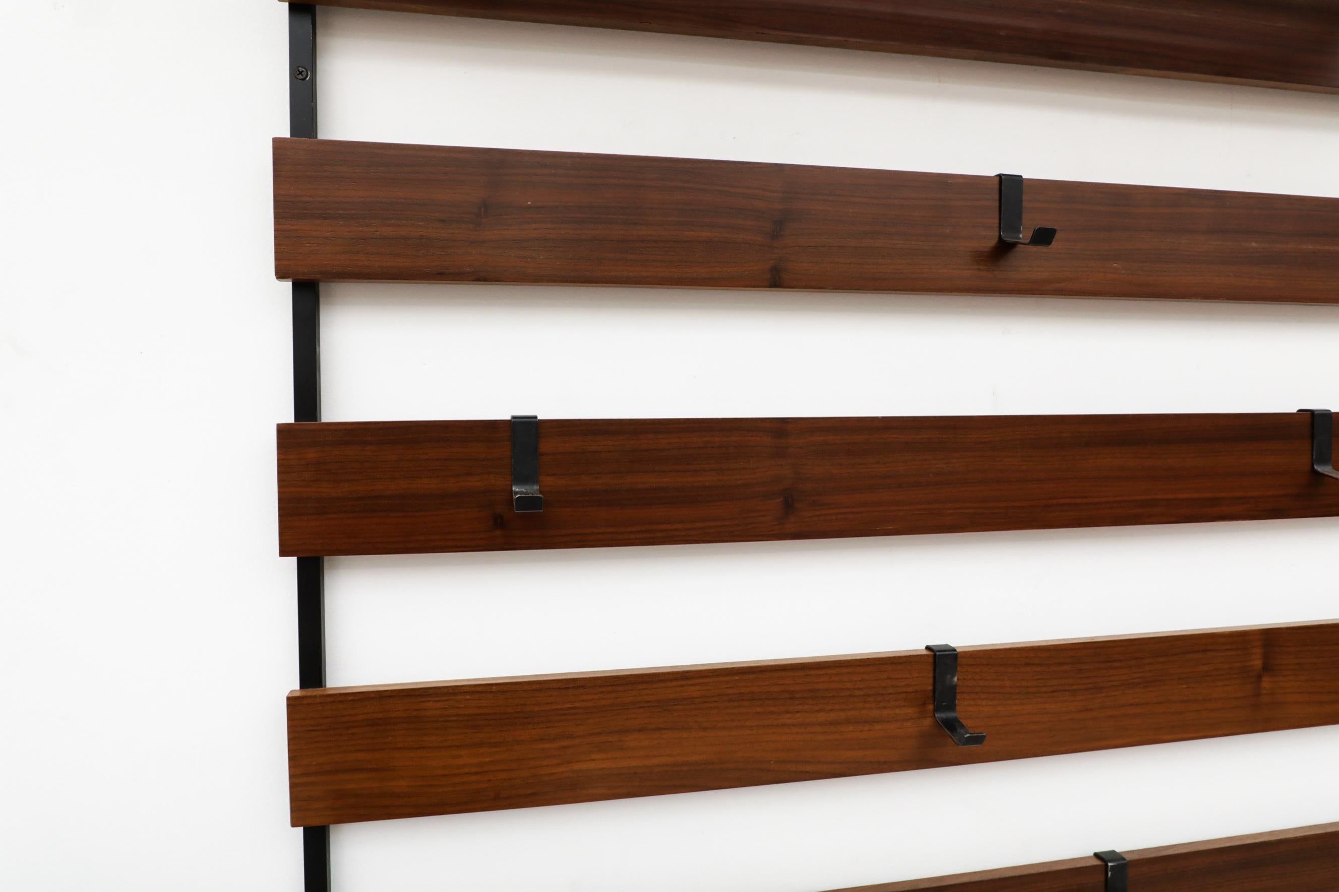 20th Century Mid-Century Teak Slatted Wall Mount Coat Rack with Hat Shelf and 13 Hooks For Sale