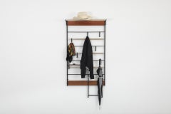 Mid-Century Teak Slatted Wall Mount Coat Rack with Black Enameled Wire Hooks