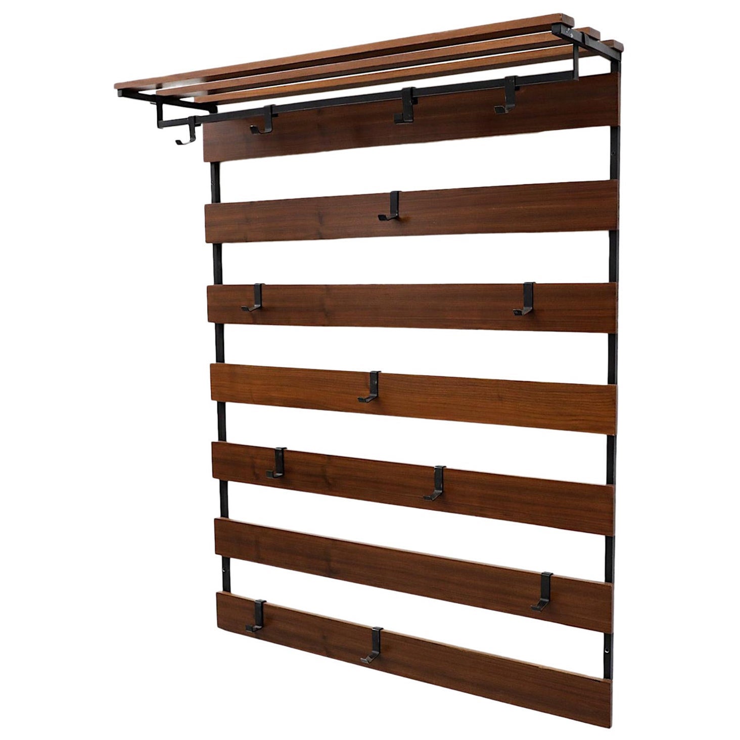 Mid-Century Teak Slatted Wall Mount Coat Rack with Hat Shelf