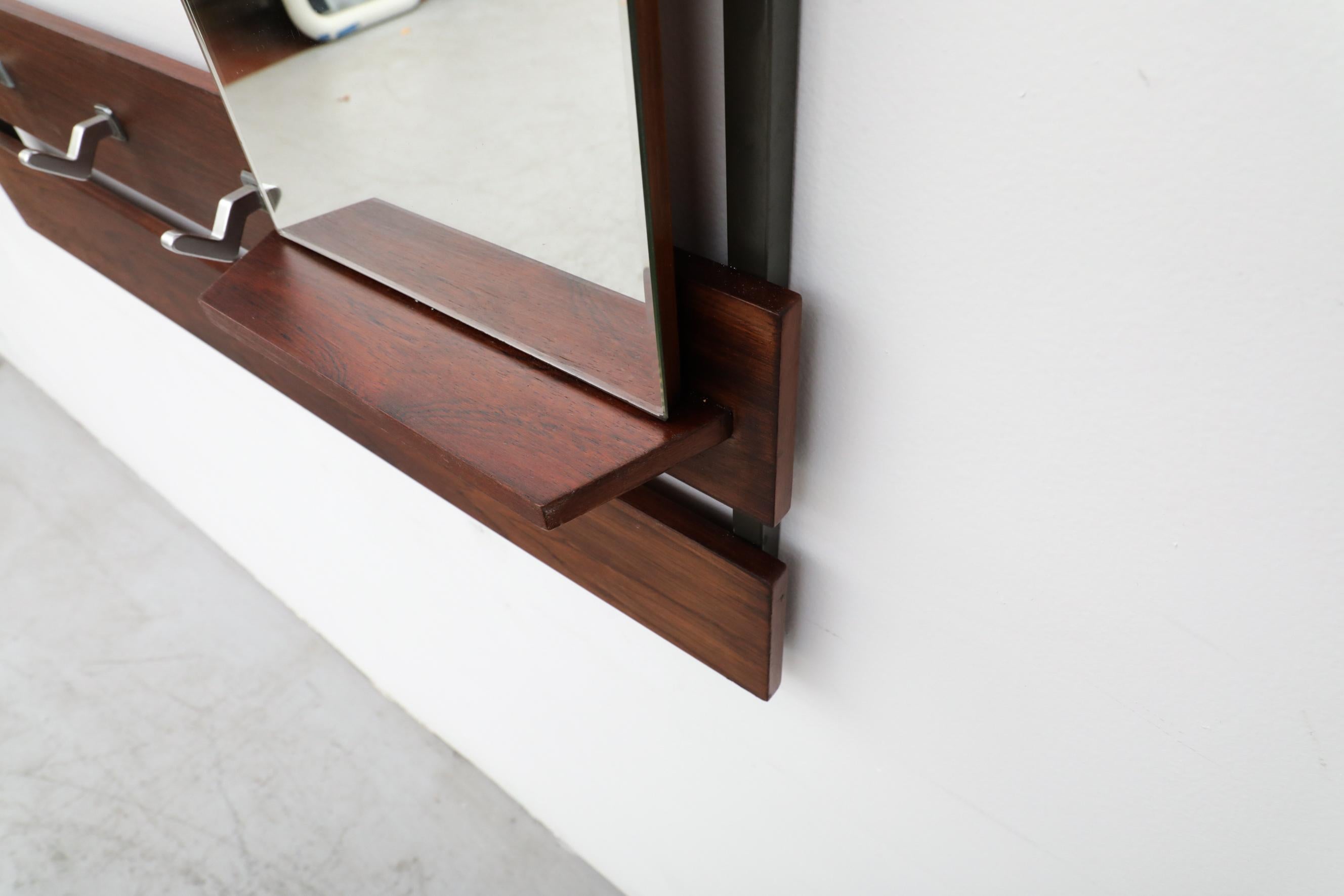 Mid-Century Teak Slatted Wall Mount Coat Rack with Mirror and Hooks 2