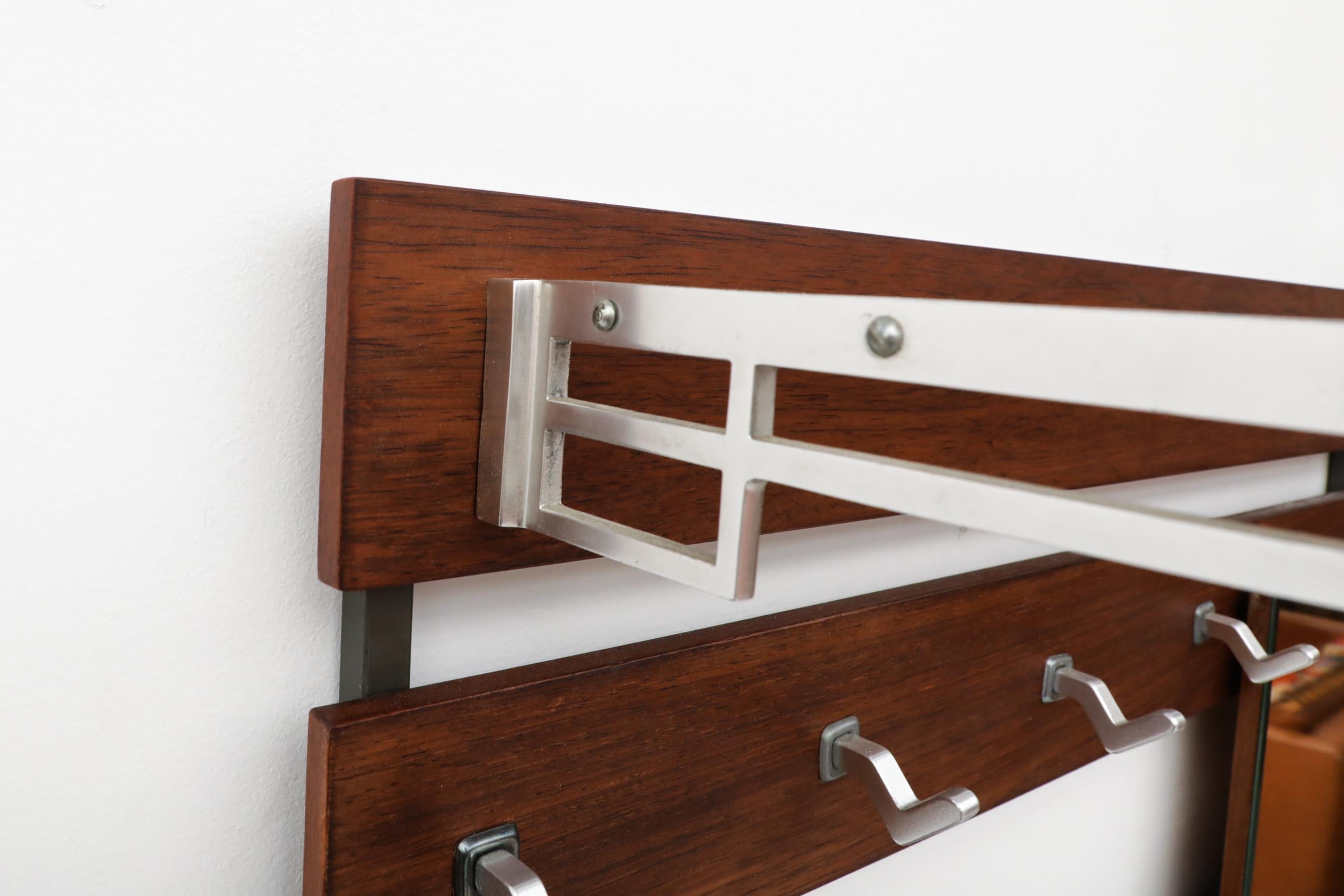 Mid-Century Teak Slatted Wall Mount Coat Rack with Mirror and Hooks For Sale 6