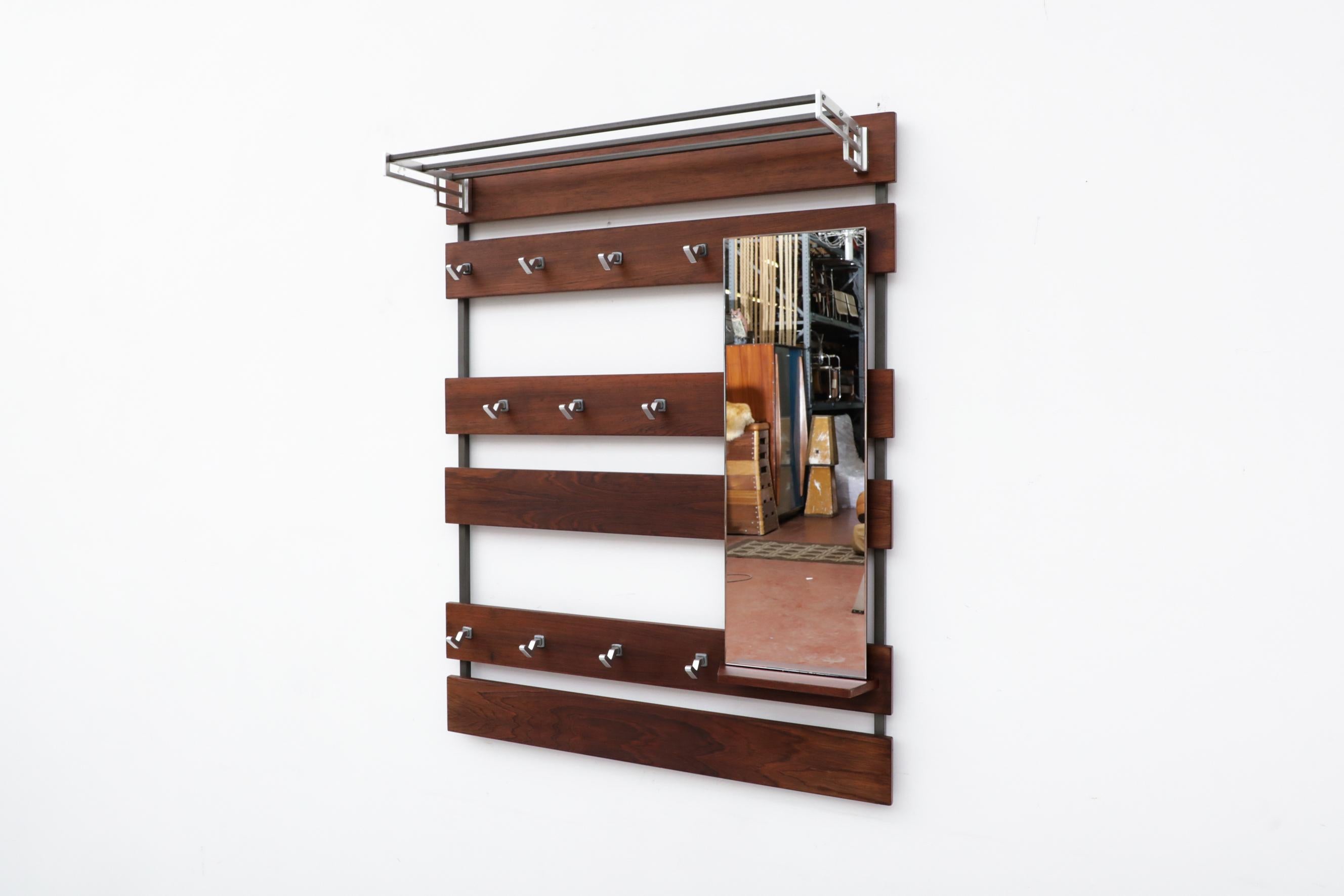 Mid-Century Modern Mid-Century Teak Slatted Wall Mount Coat Rack with Mirror and Hooks For Sale
