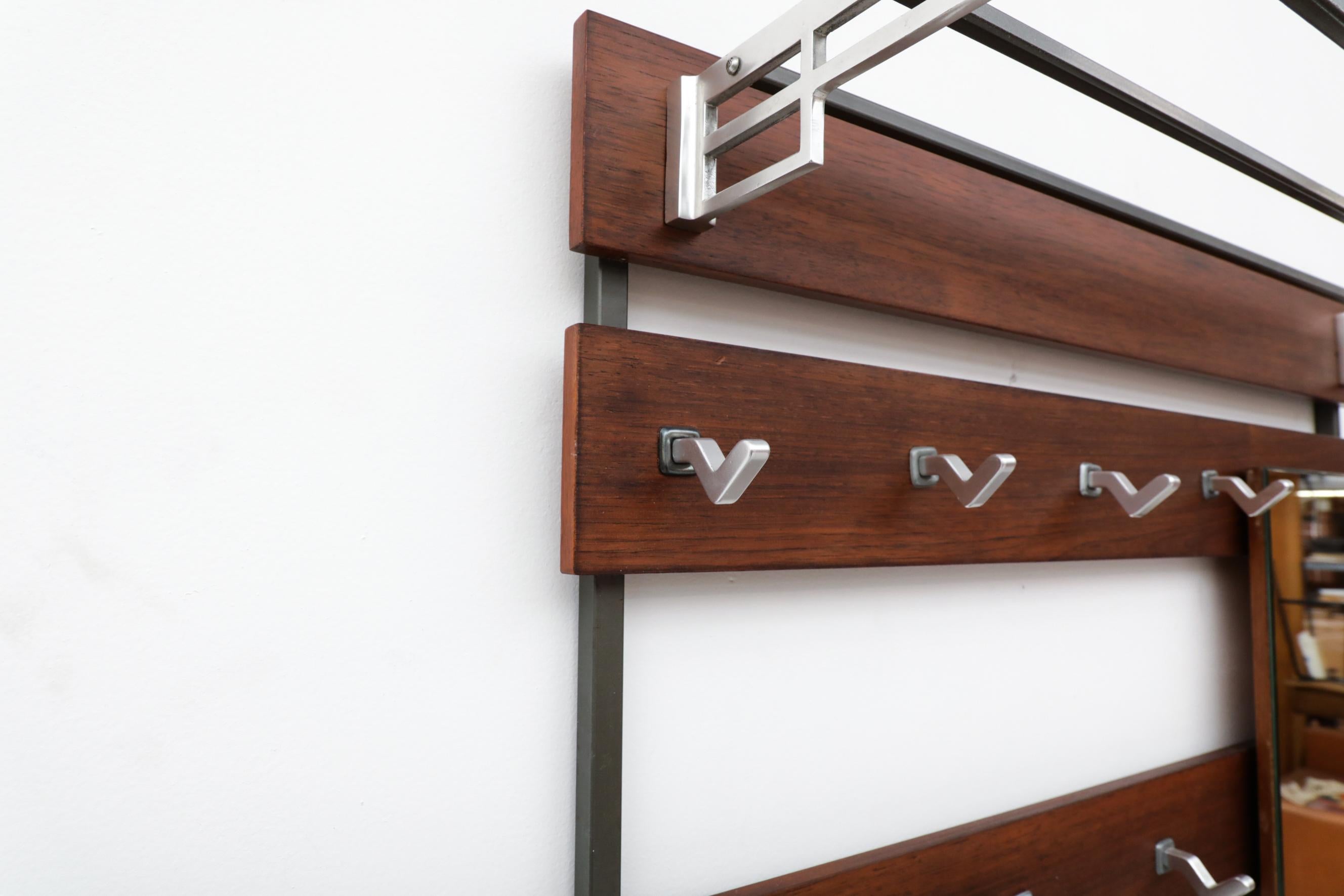 20th Century Mid-Century Teak Slatted Wall Mount Coat Rack with Mirror and Hooks For Sale