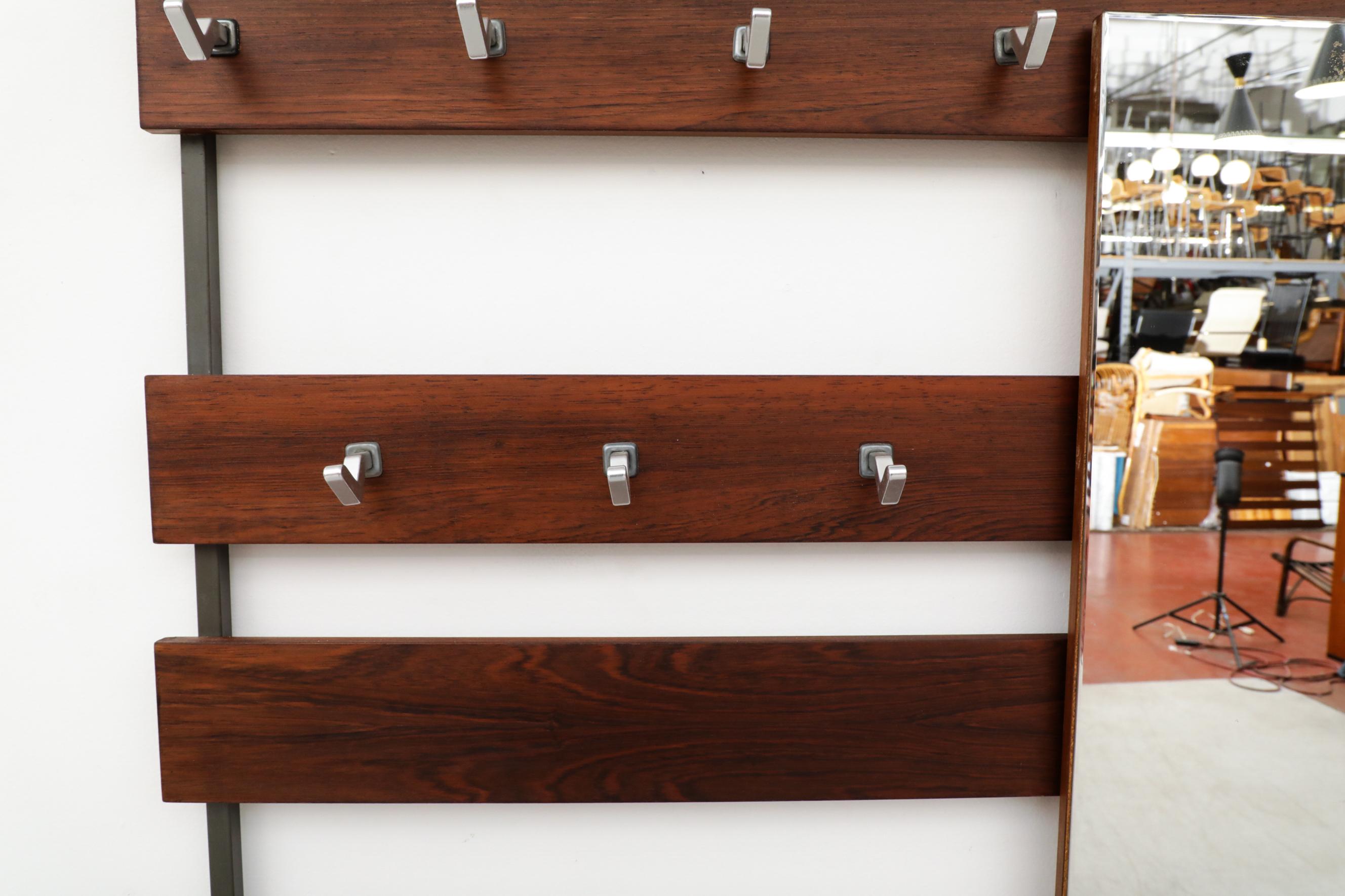 Mid-Century Teak Slatted Wall Mount Coat Rack with Mirror and Hooks For Sale 1