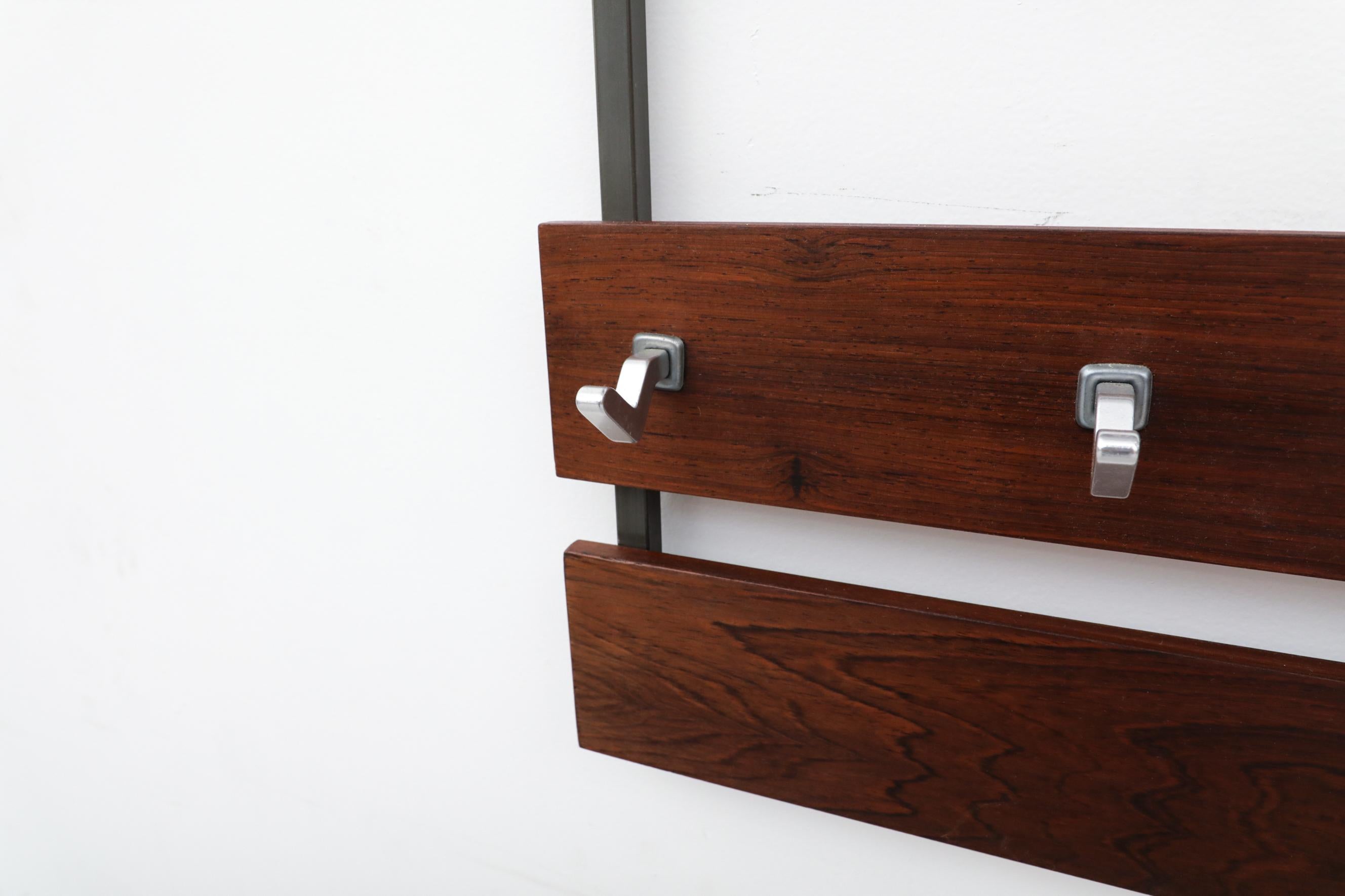 Mid-Century Teak Slatted Wall Mount Coat Rack with Mirror and Hooks For Sale 2