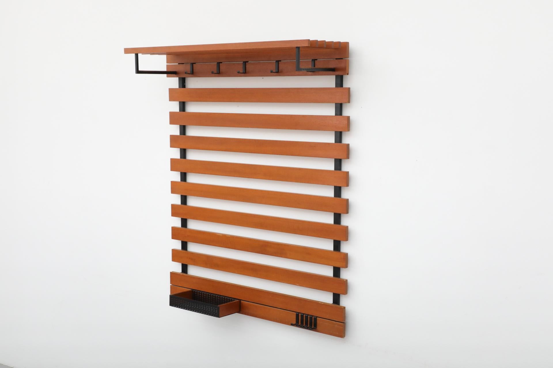 Mid-Century Teak Slatted Wall Mount Coat Rack with Upper Shelf, Hooks & Key Tray For Sale 2