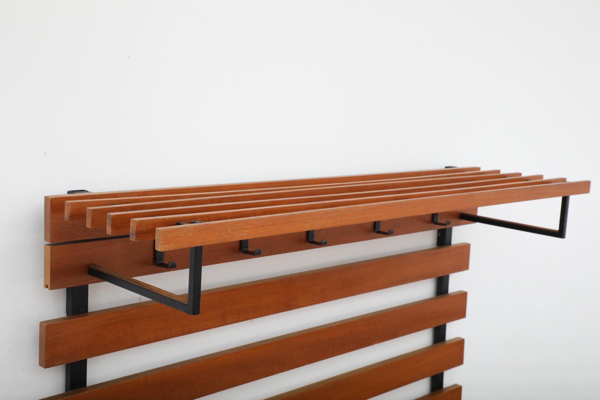 Mid-Century Teak Slatted Wall Mount Coat Rack with Upper Shelf, Hooks & Key Tray For Sale 3