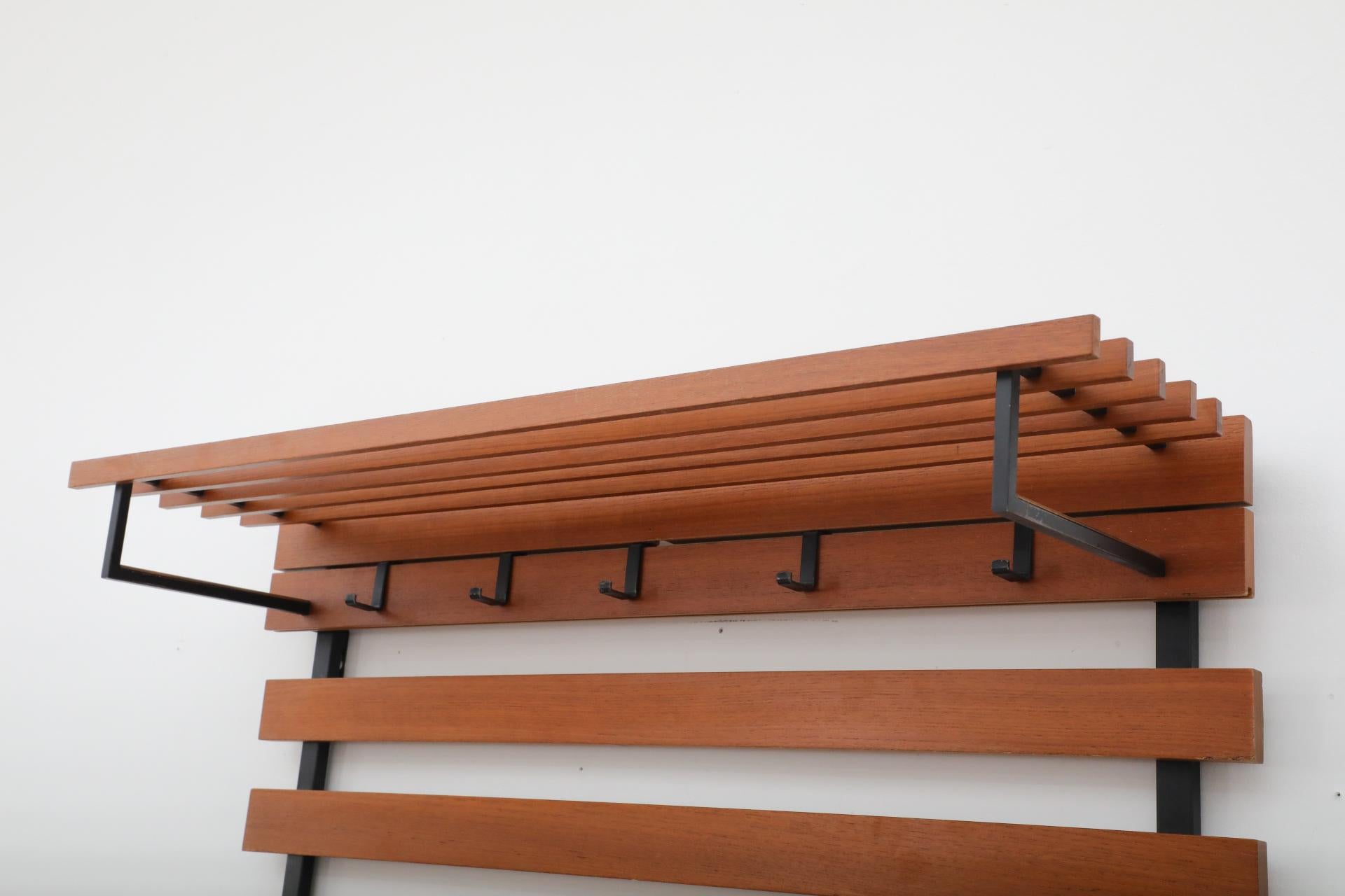 Mid-Century Teak Slatted Wall Mount Coat Rack with Upper Shelf, Hooks & Key Tray For Sale 4