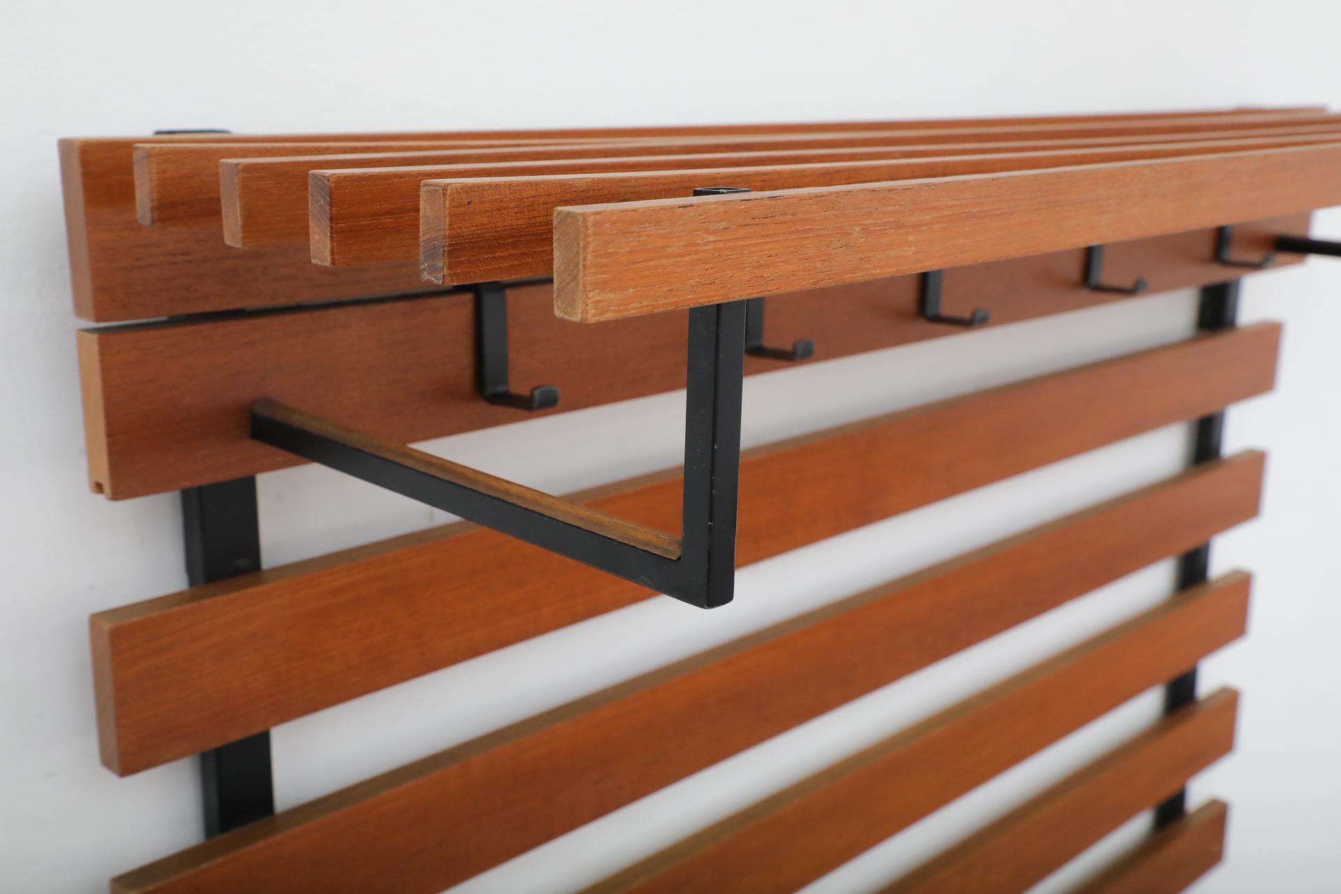Mid-Century Teak Slatted Wall Mount Coat Rack with Upper Shelf, Hooks & Key Tray For Sale 5