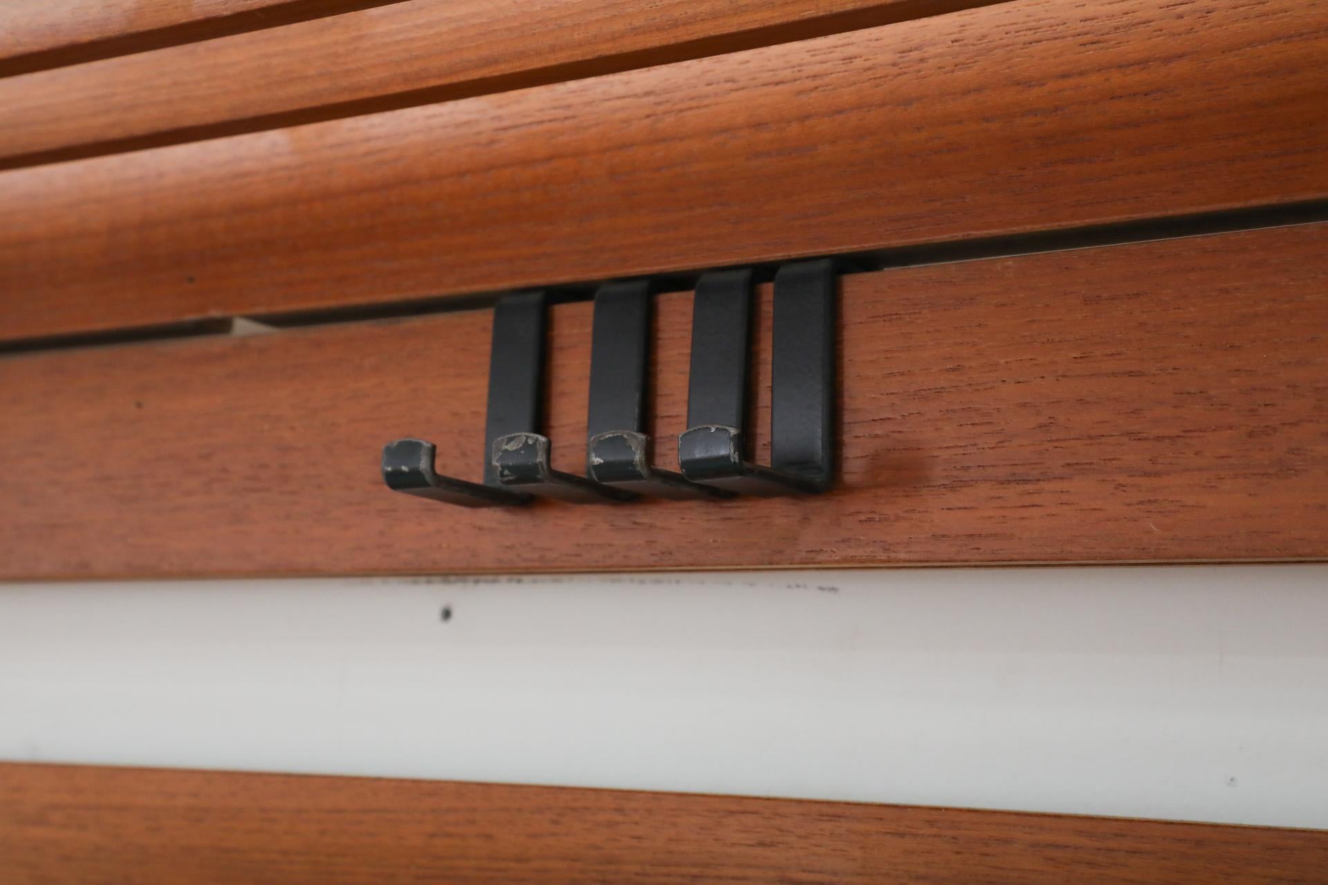Mid-Century Teak Slatted Wall Mount Coat Rack with Upper Shelf, Hooks & Key Tray For Sale 6