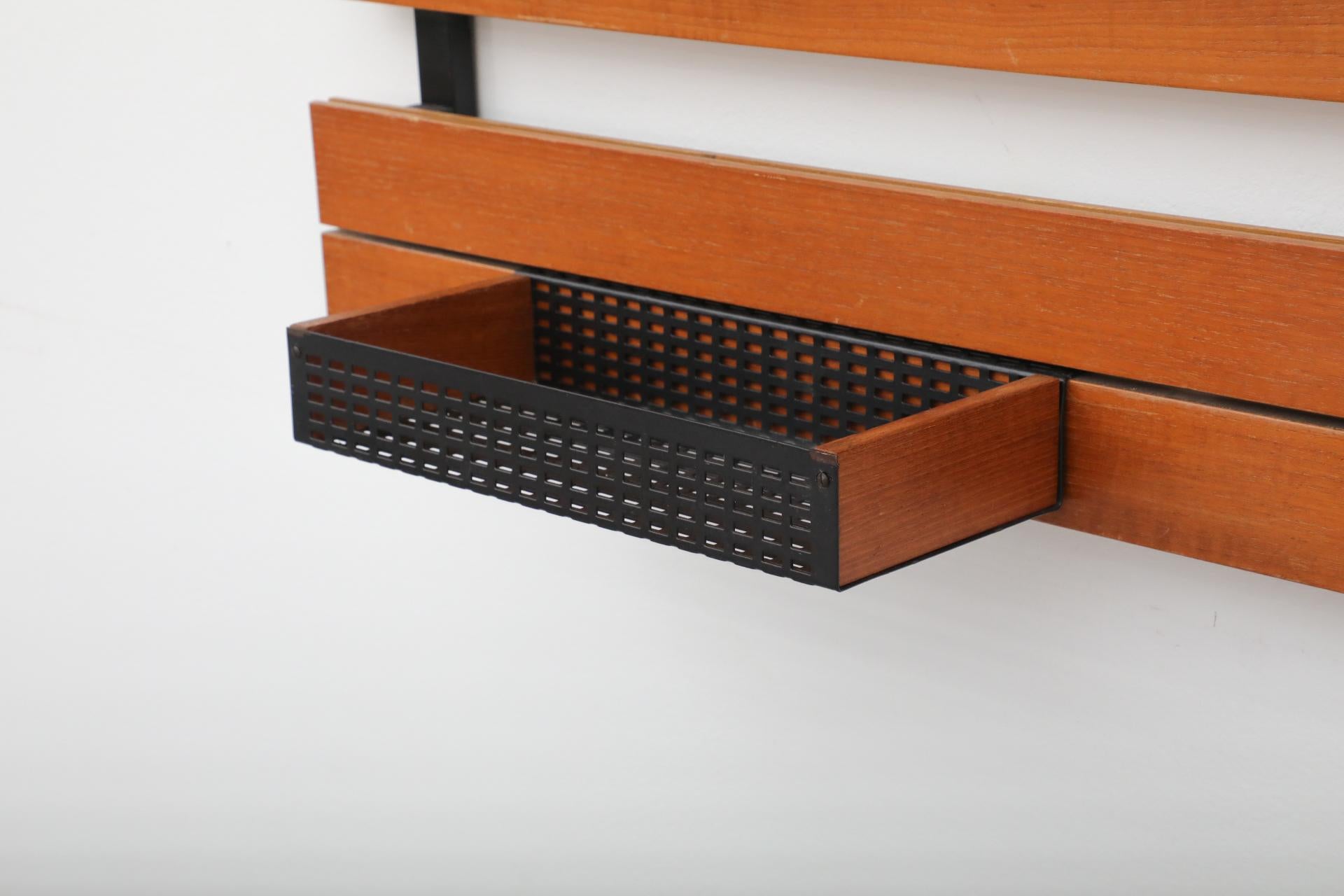 Mid-Century Teak Slatted Wall Mount Coat Rack with Upper Shelf, Hooks & Key Tray For Sale 8