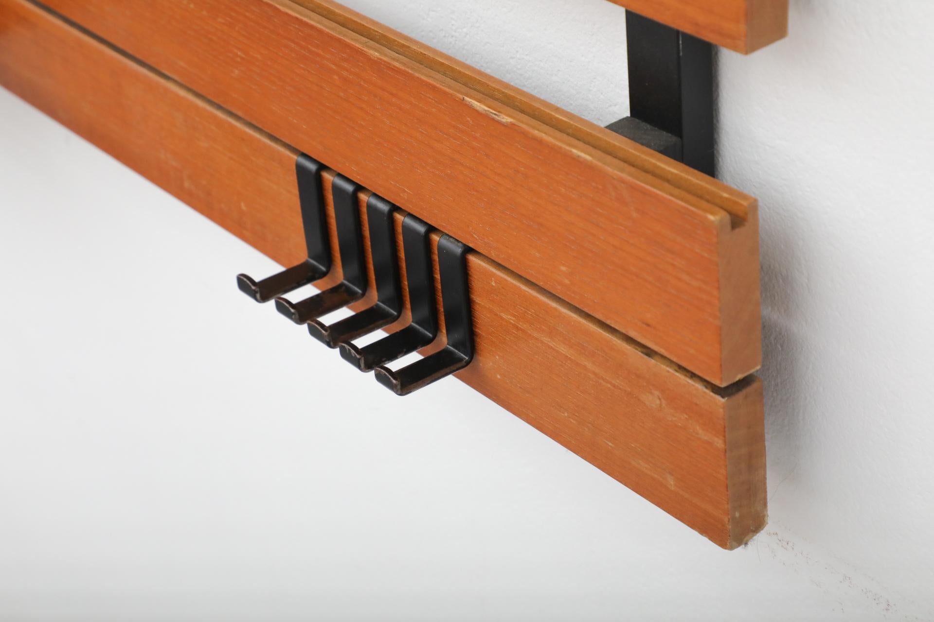 Mid-Century Teak Slatted Wall Mount Coat Rack with Upper Shelf, Hooks & Key Tray For Sale 9