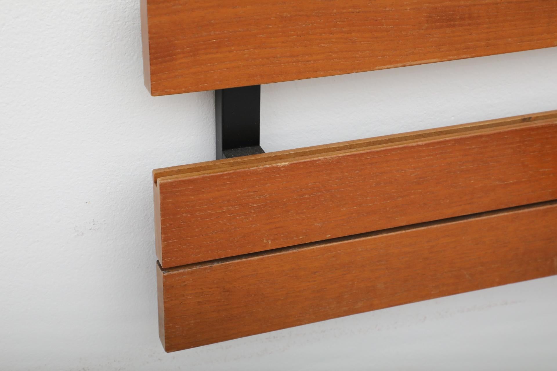 Mid-Century Teak Slatted Wall Mount Coat Rack with Upper Shelf, Hooks & Key Tray For Sale 11