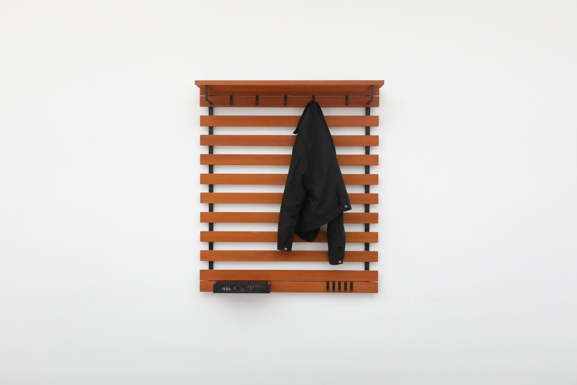Mid-Century Modern Mid-Century Teak Slatted Wall Mount Coat Rack with Upper Shelf, Hooks & Key Tray For Sale