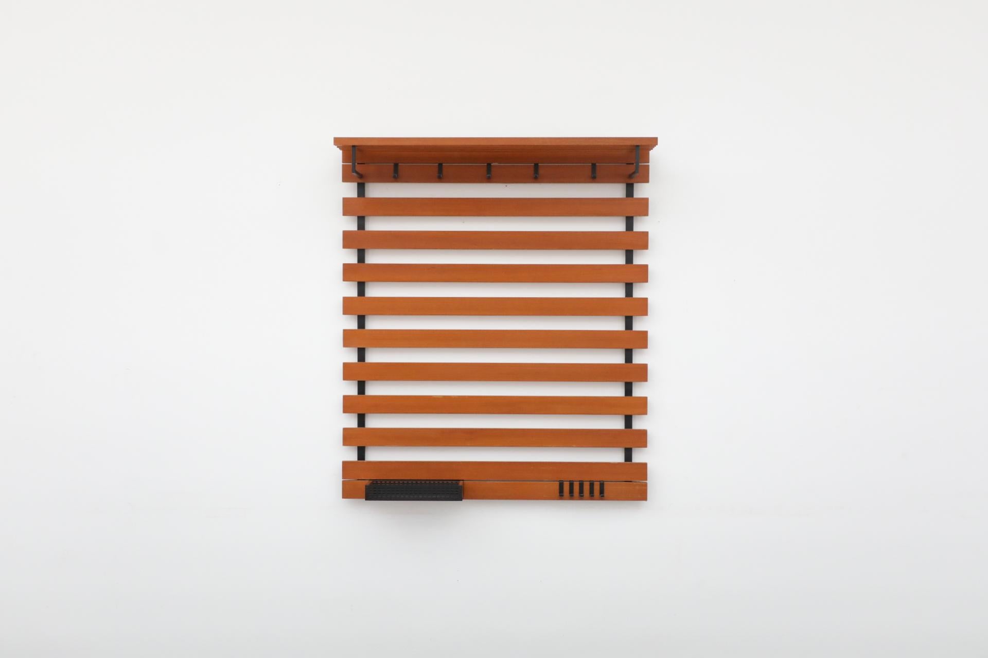 Dutch Mid-Century Teak Slatted Wall Mount Coat Rack with Upper Shelf, Hooks & Key Tray For Sale