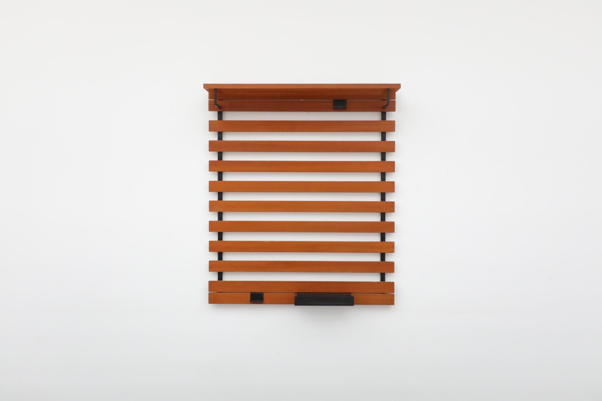 Enameled Mid-Century Teak Slatted Wall Mount Coat Rack with Upper Shelf, Hooks & Key Tray For Sale